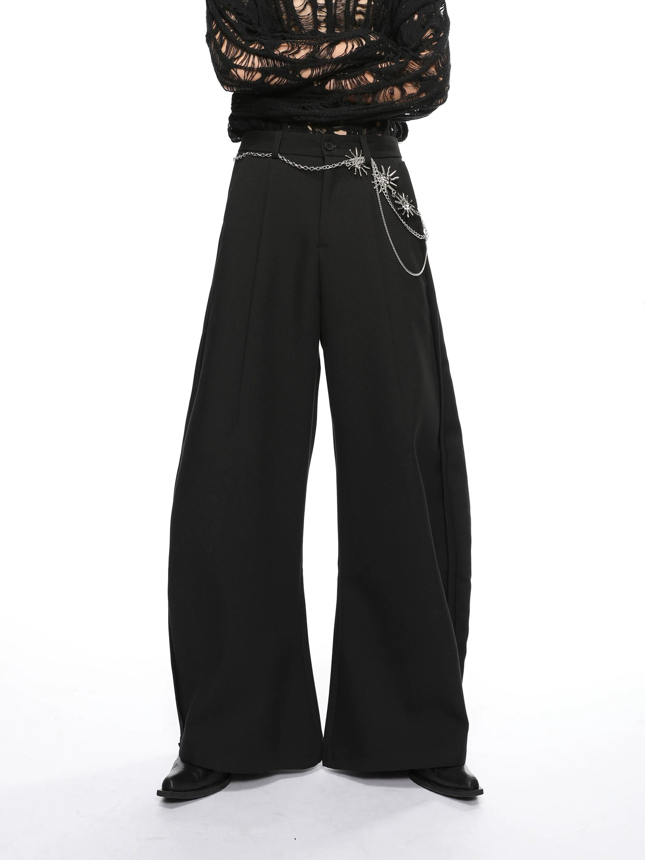 Wide Semi-Flare Barrel Leg Pleated Trousers