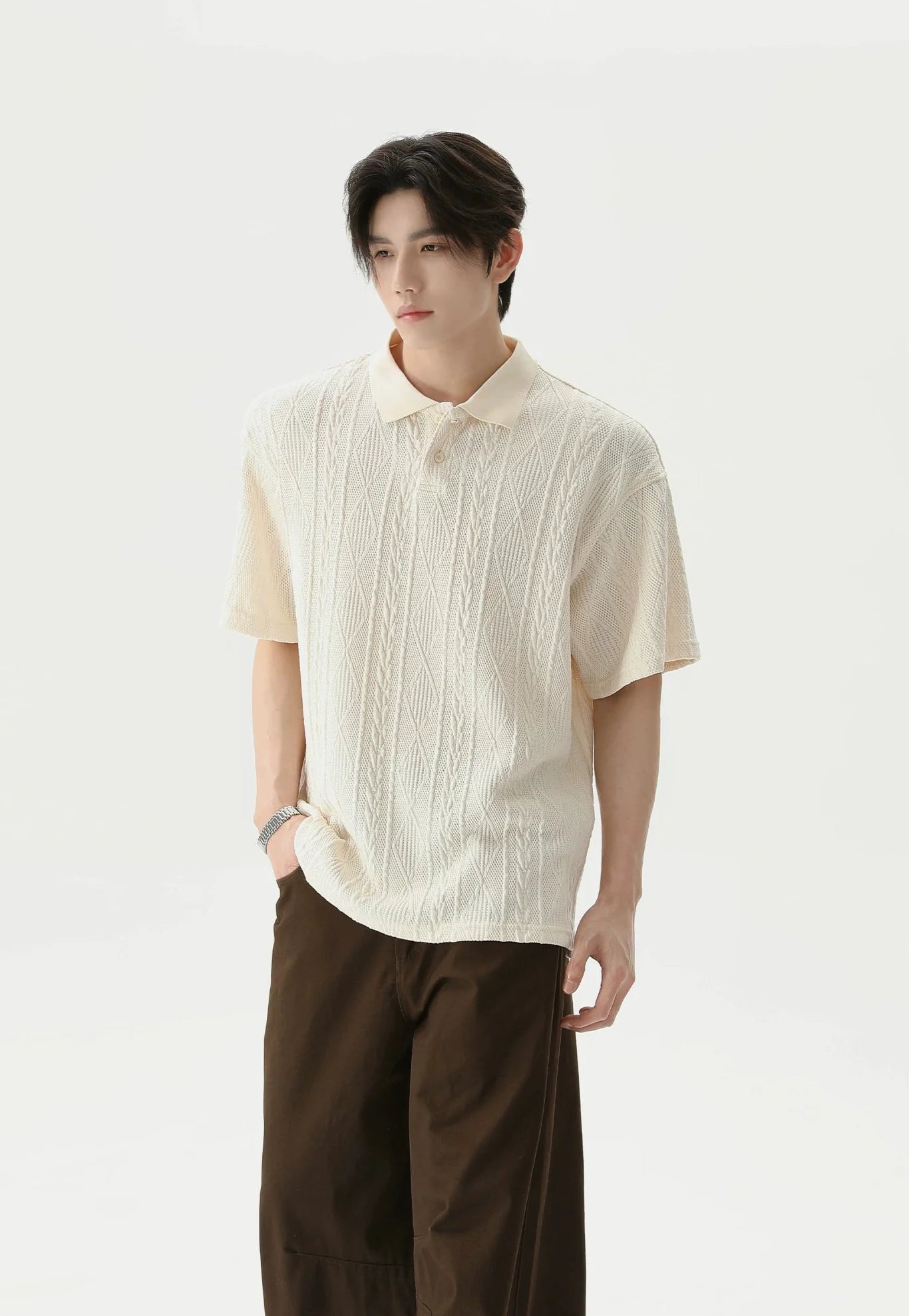 Textured Cable Knit Short Sleeve Polo Shirt