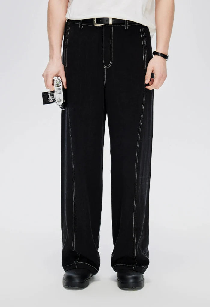 Straight Leg Linen-Blend Contrast Stitch Pants