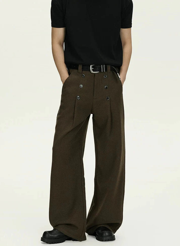 High-Waisted Pleated Wide Leg Trousers with Button Details