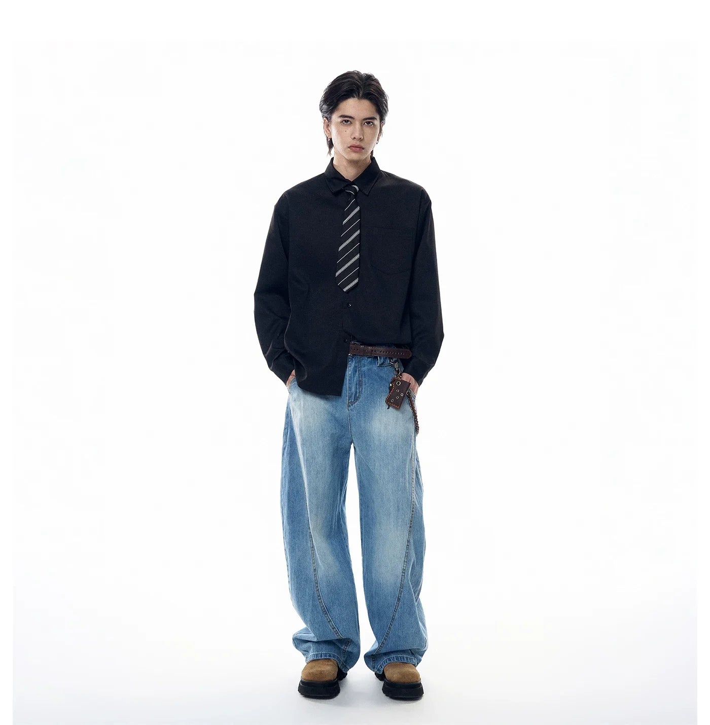Boxy Long Sleeve Button-Up Shirt with Detachable Tie