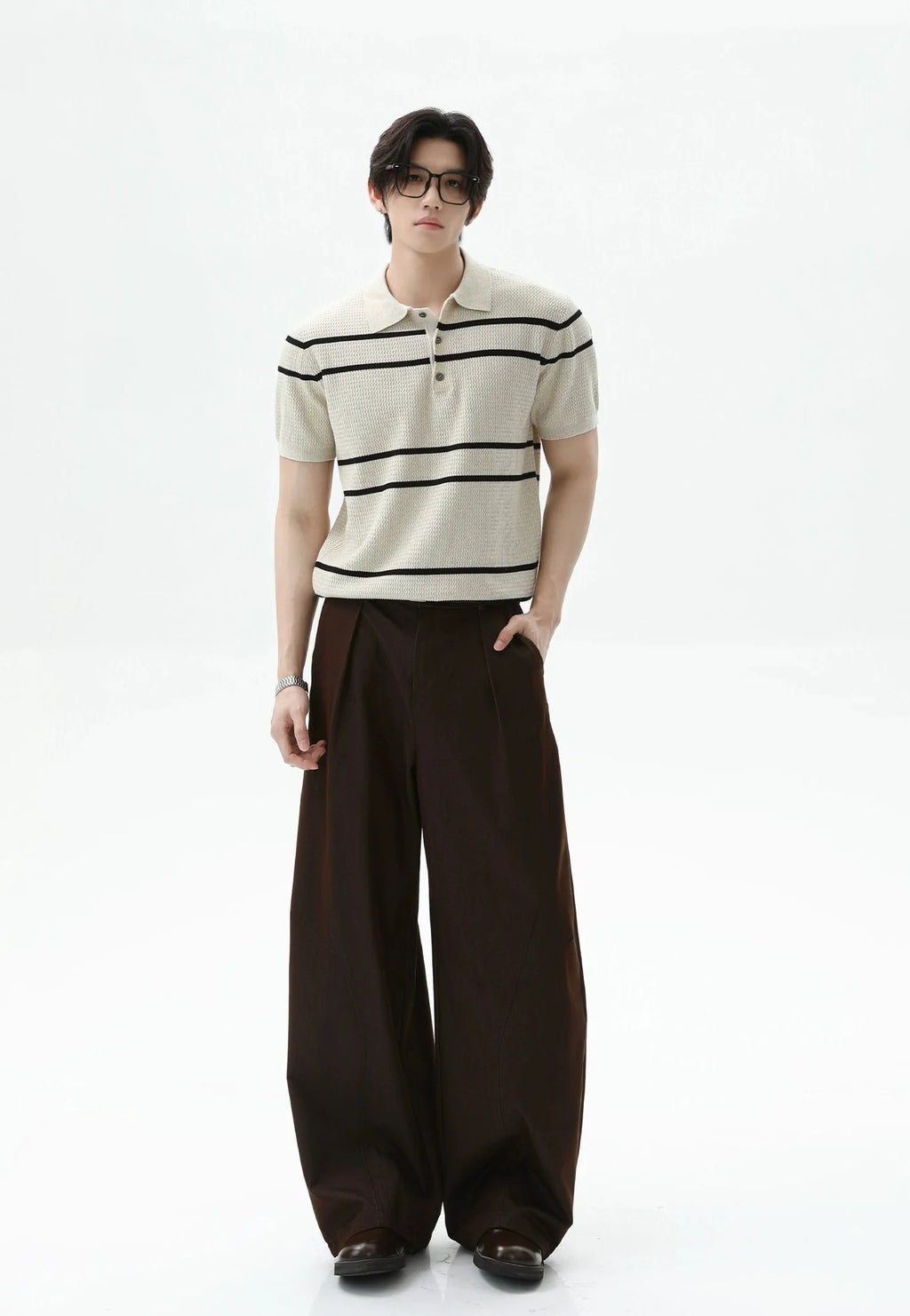 Textured Knit Polo Shirt with Horizontal Stripes