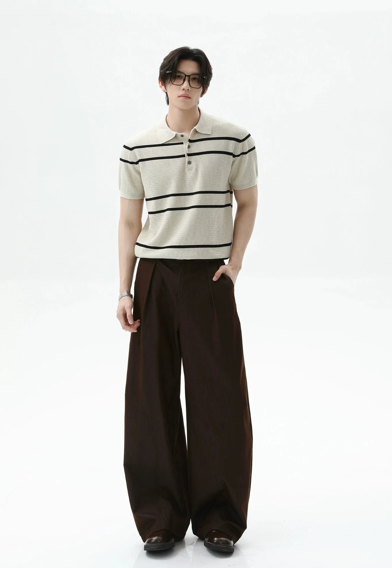 Textured Knit Polo Shirt with Horizontal Stripes