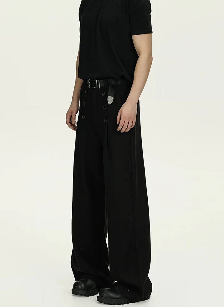High-Waisted Pleated Wide Leg Trousers with Button Details