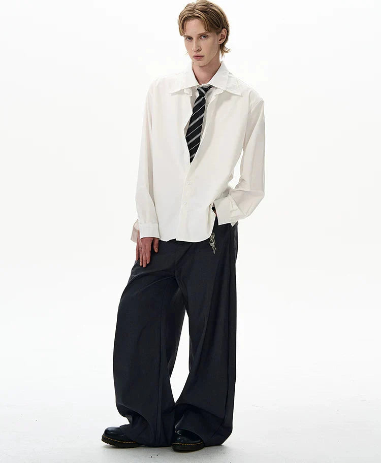 Spread Collar Faux Two-Piece Button-Up Shirt with Tie