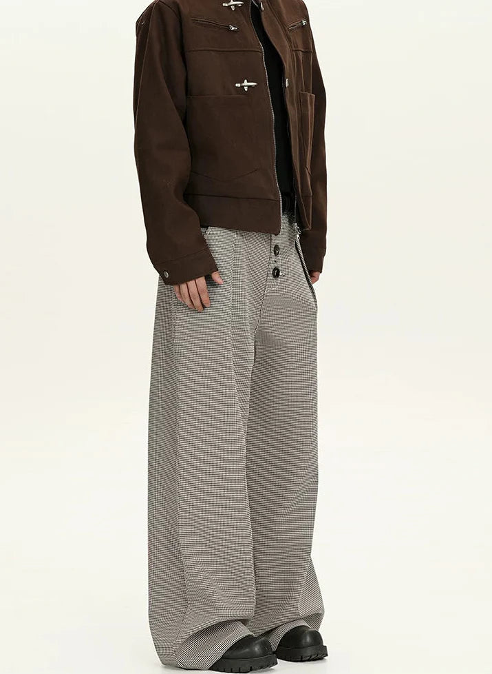 Houndstooth Pattern Button-Fly Wide Leg Trousers