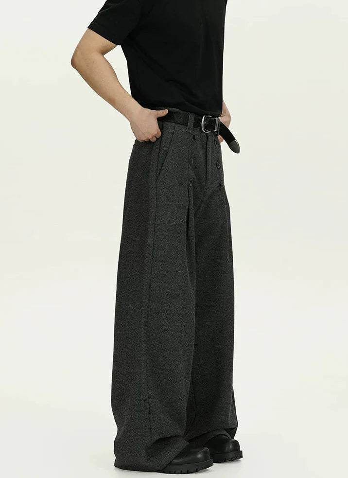 High-Waisted Pleated Wide Leg Trousers with Button Details