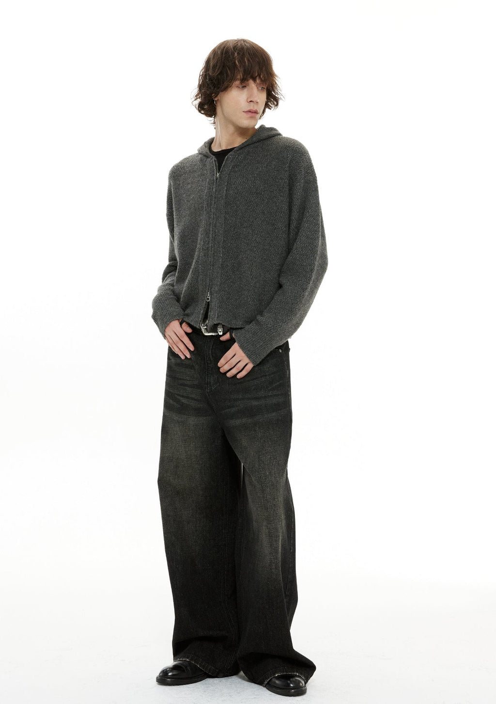 Zigzag Pattern Two Way Zip Knit Hoodie Jacket