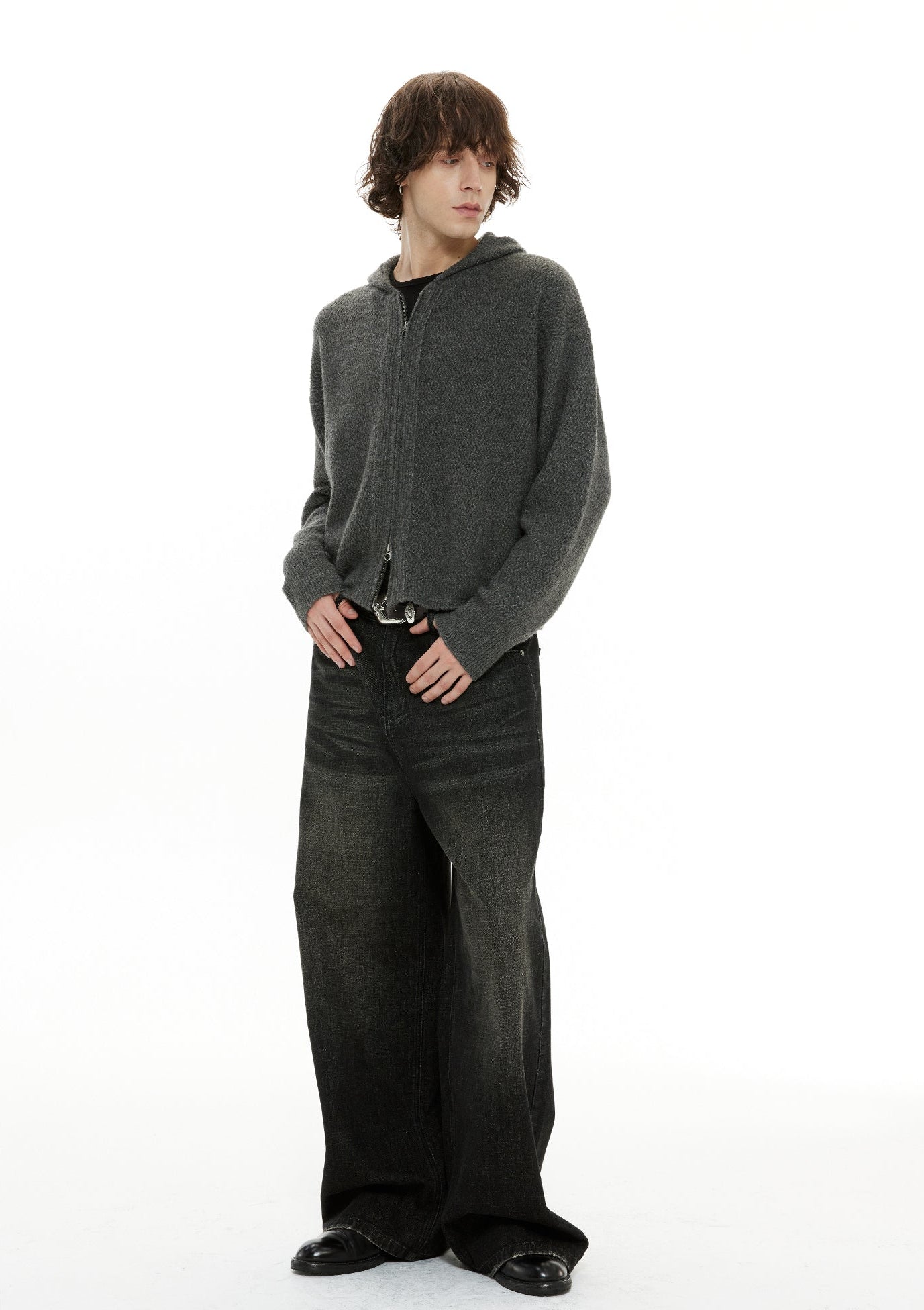 Zigzag Pattern Two Way Zip Knit Hoodie Jacket