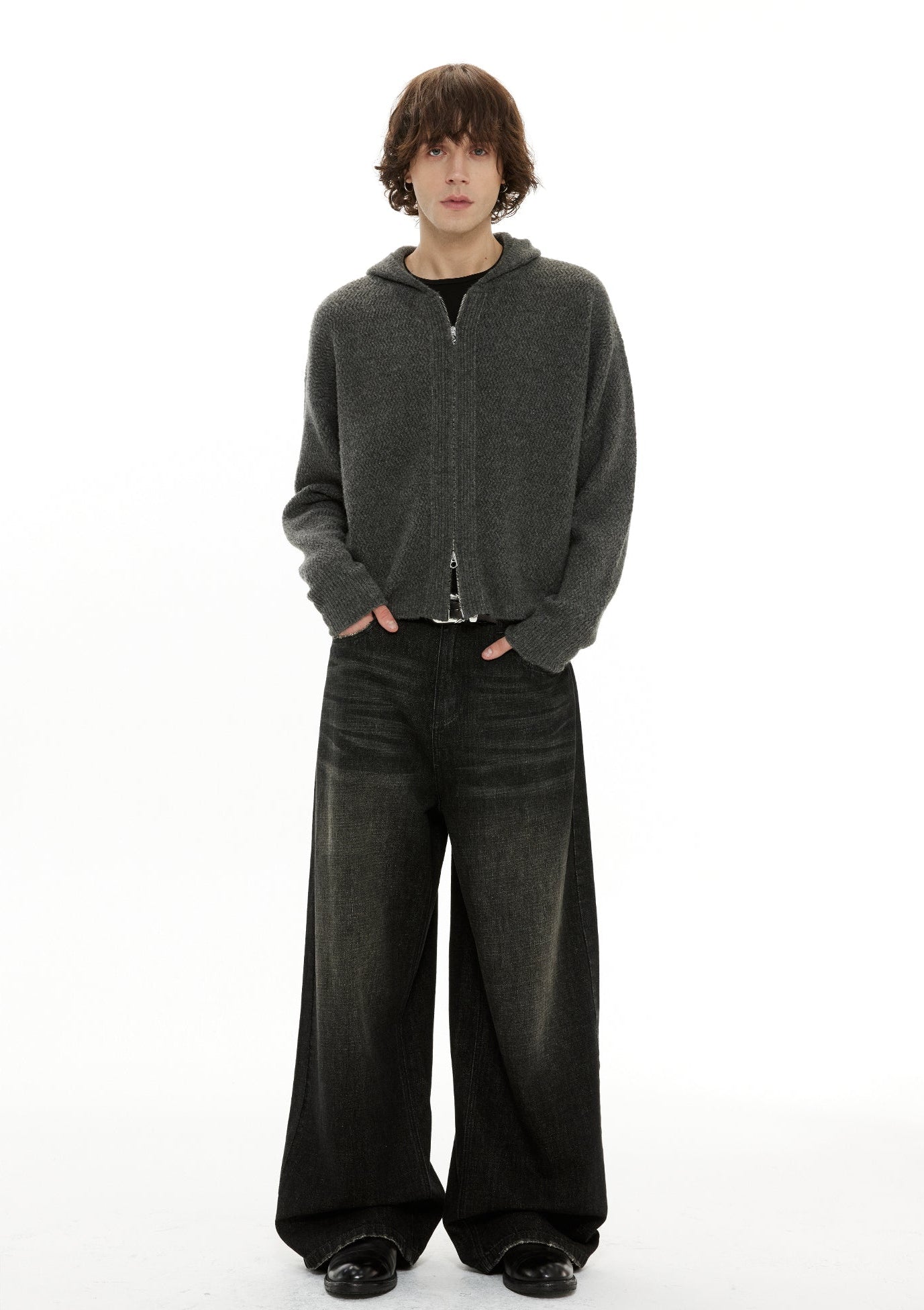Zigzag Pattern Two Way Zip Knit Hoodie Jacket