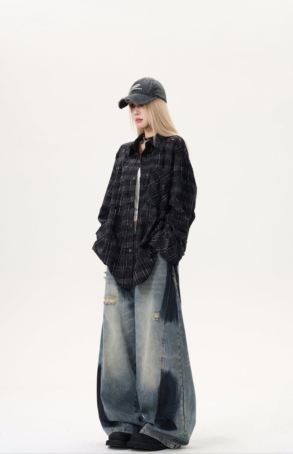 Wide Leg Distressed Denim Pants with Bleach Wash Details
