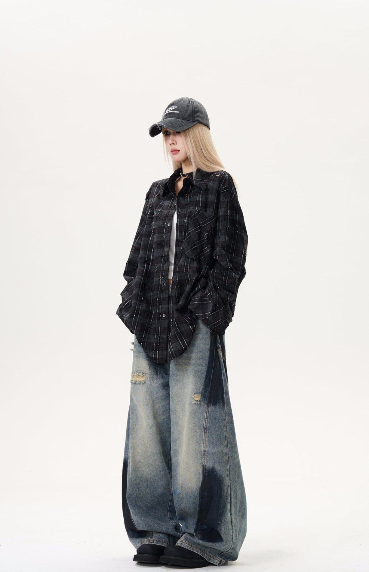 Wide Leg Distressed Denim Pants with Bleach Wash Details