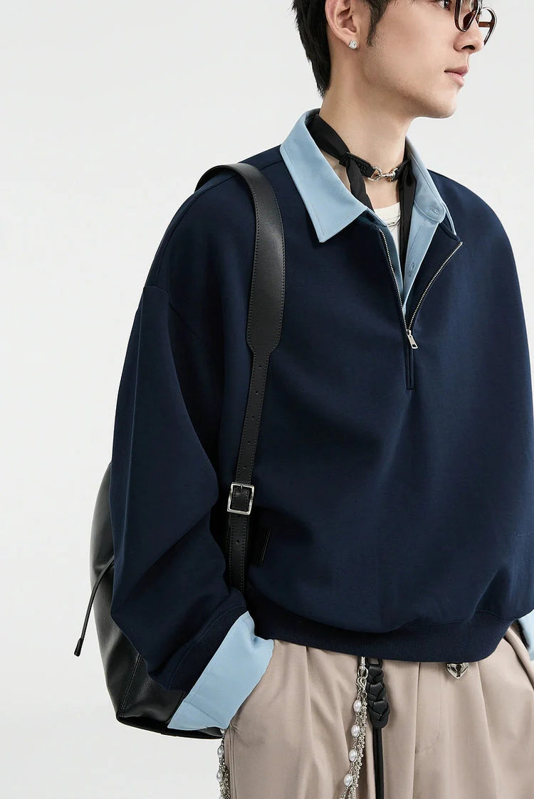 Half Zip Mock Two-Piece Layered Pullover Sweatshirt