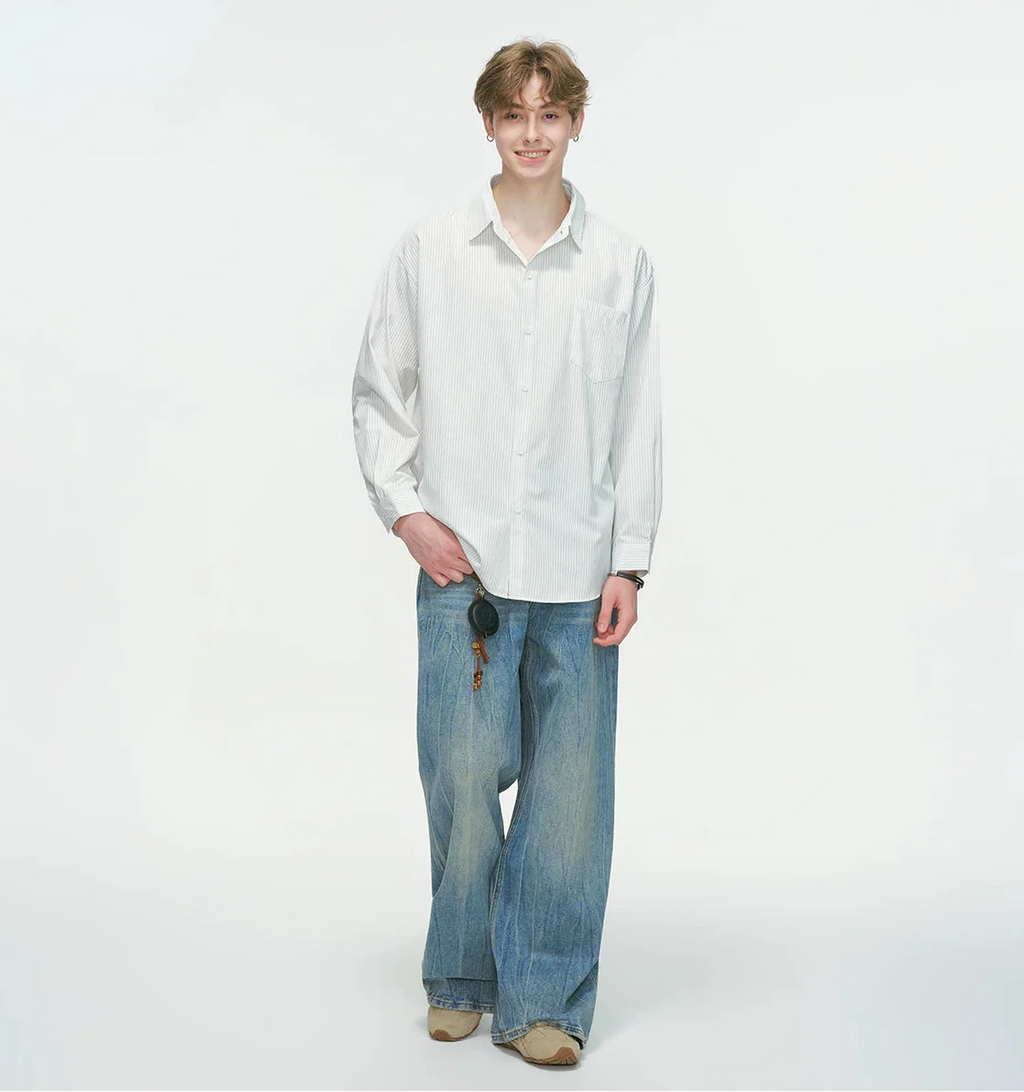 Drop Shoulder Pinstripe Long Sleeve Button-Up Shirt