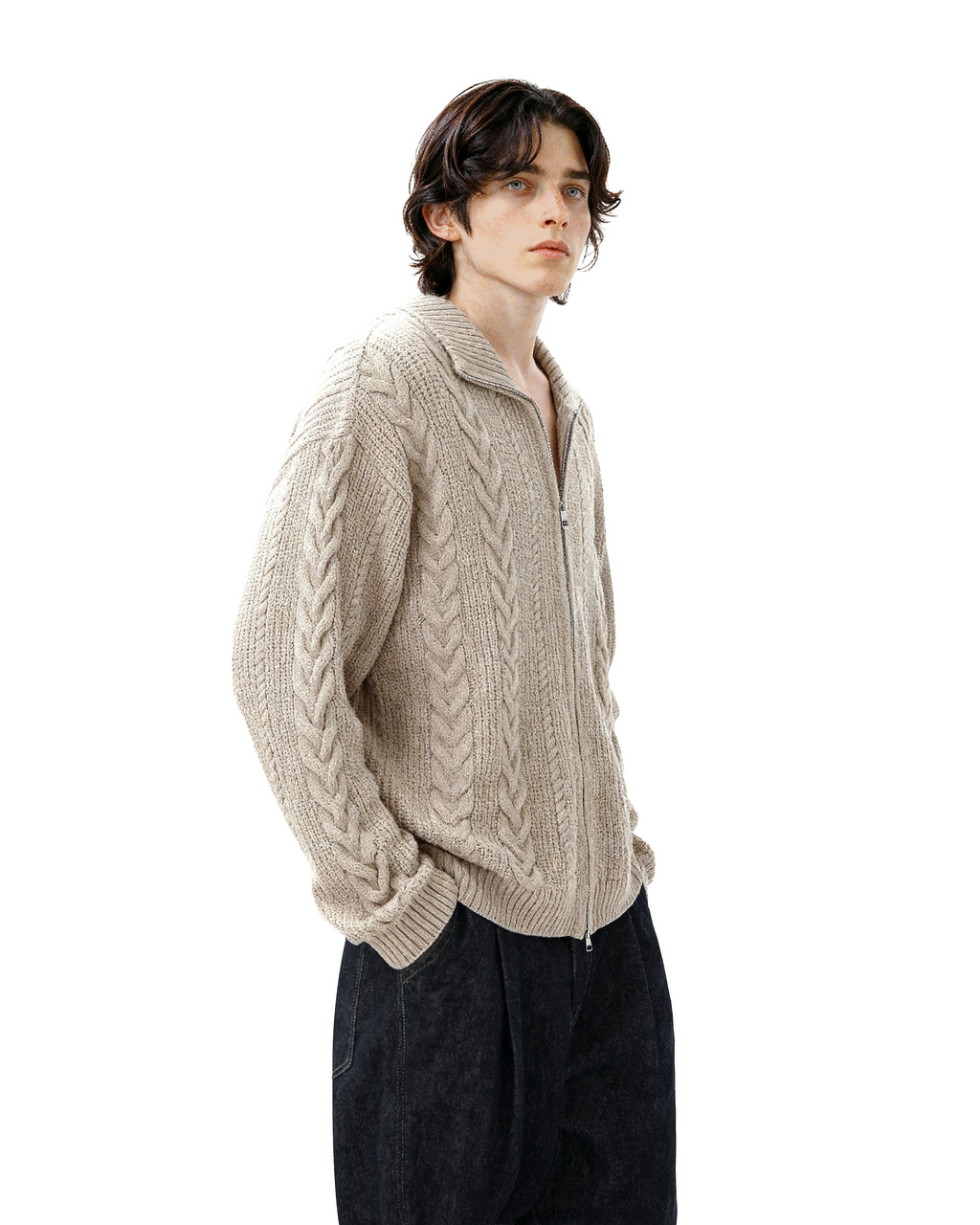 Cable-Knit Zip Ribbed Trim Cardigan
