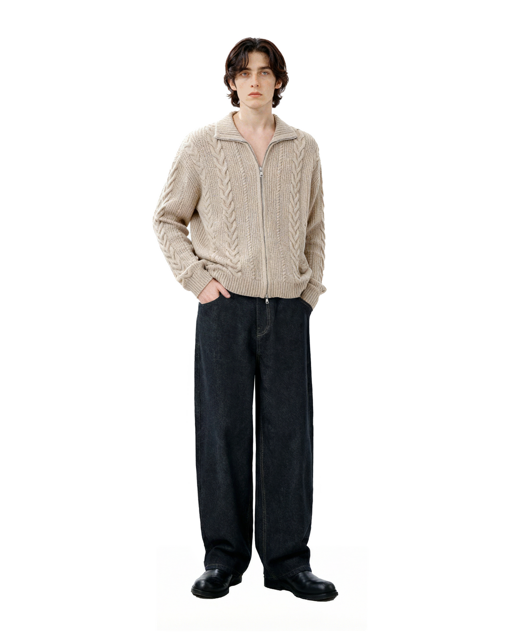 Cable-Knit Zip Ribbed Trim Cardigan