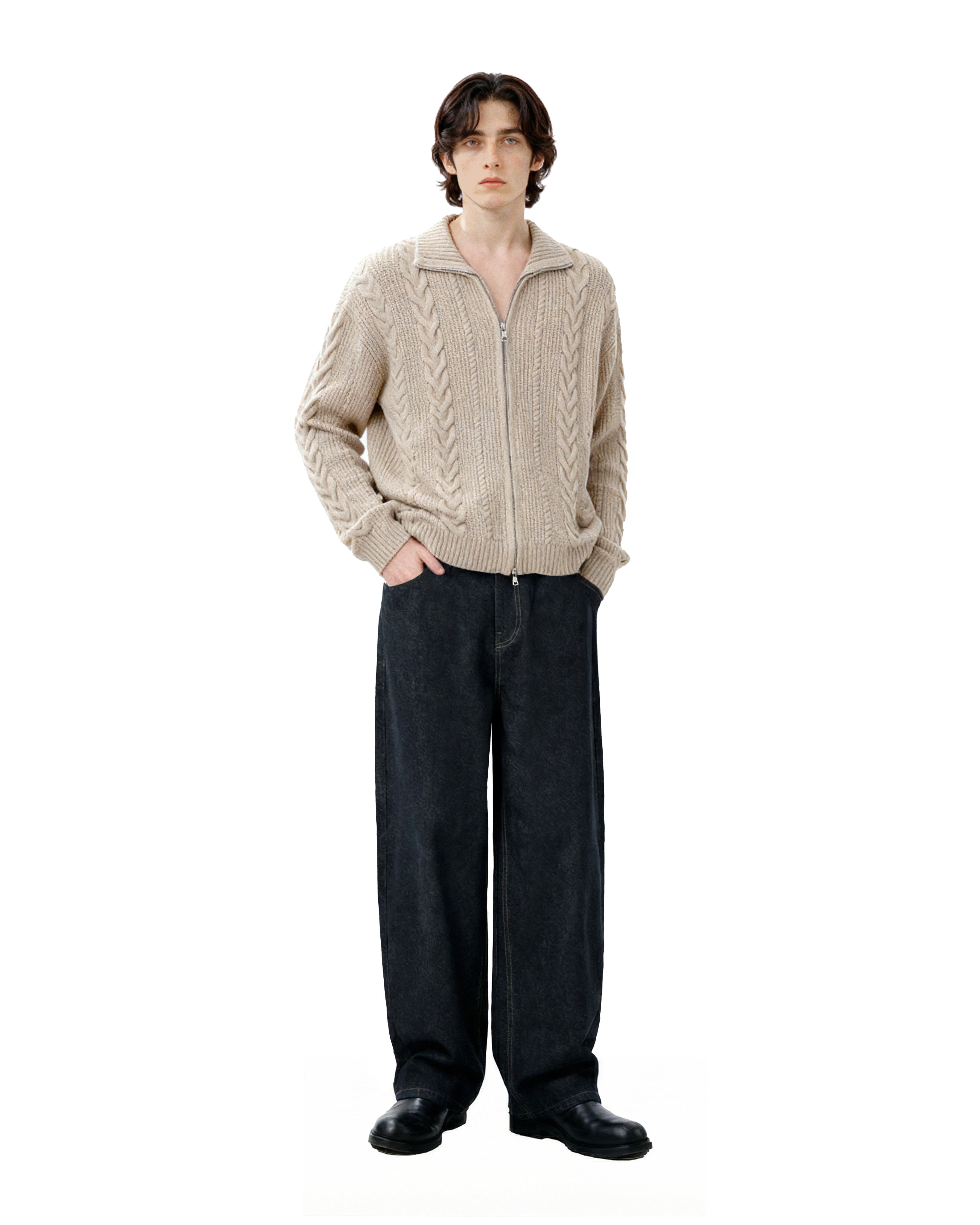 Cable-Knit Zip Ribbed Trim Cardigan