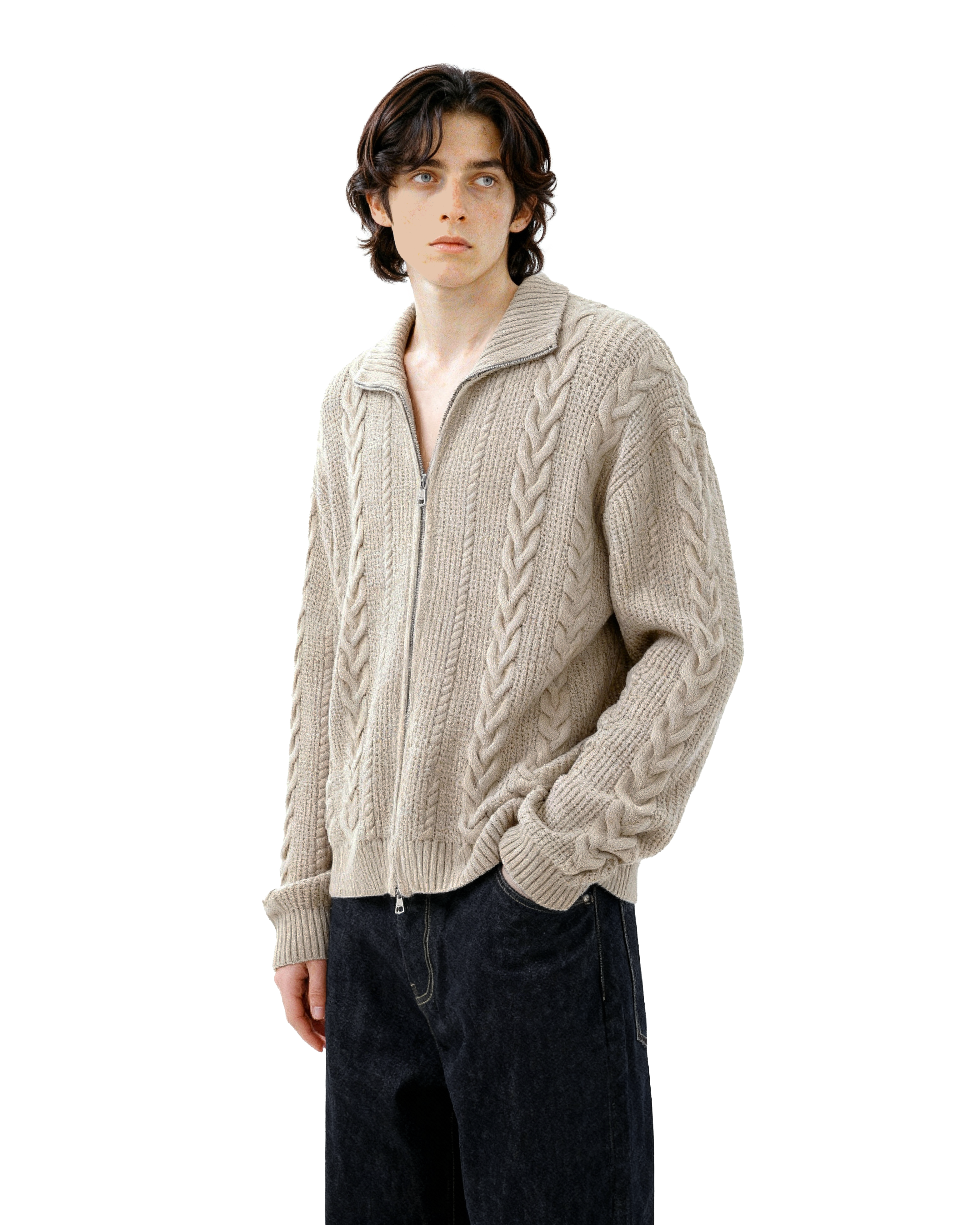 Cable-Knit Zip Ribbed Trim Cardigan