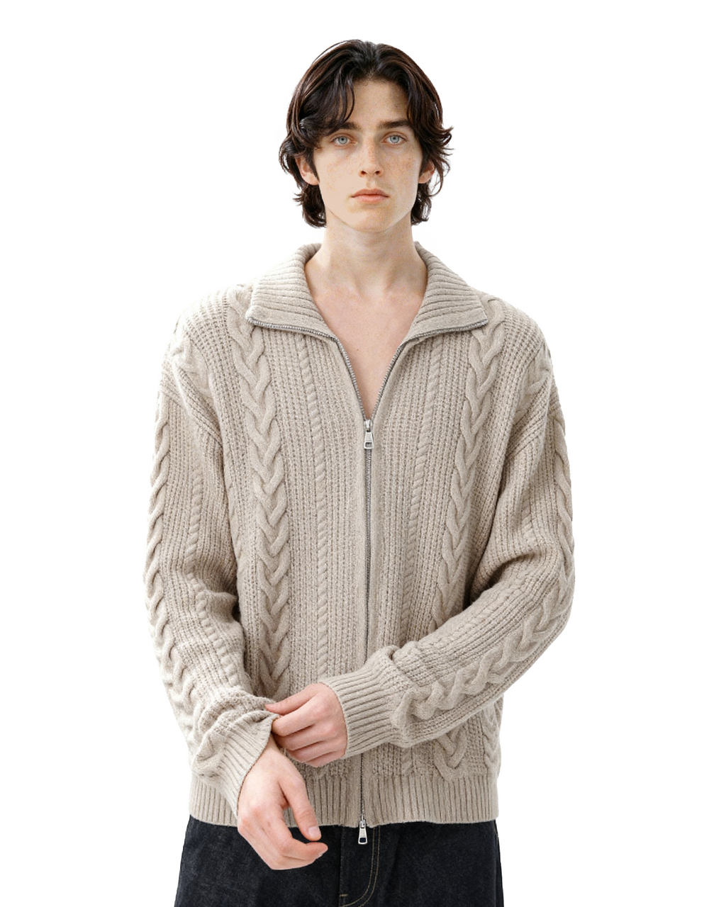 Cable-Knit Zip Ribbed Trim Cardigan