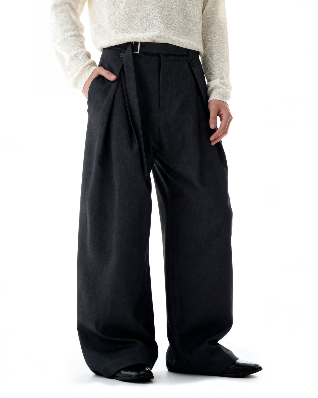 Wide-Leg Pleated Trousers With Wrap Waist Strap