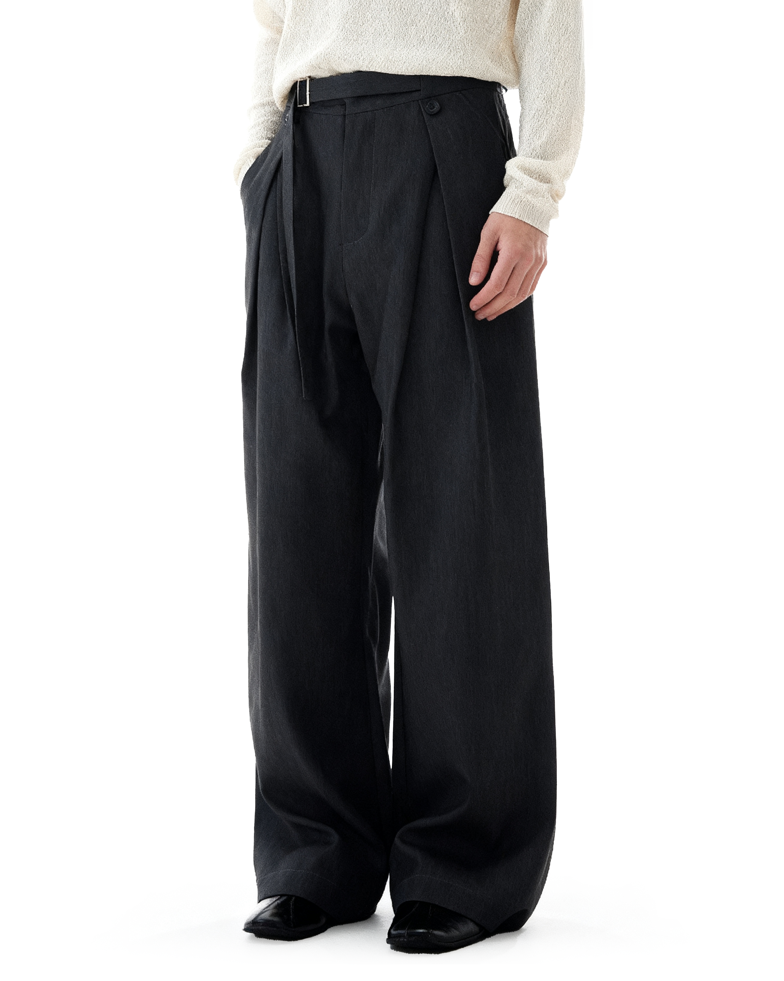 Wide-Leg Pleated Trousers With Wrap Waist Strap