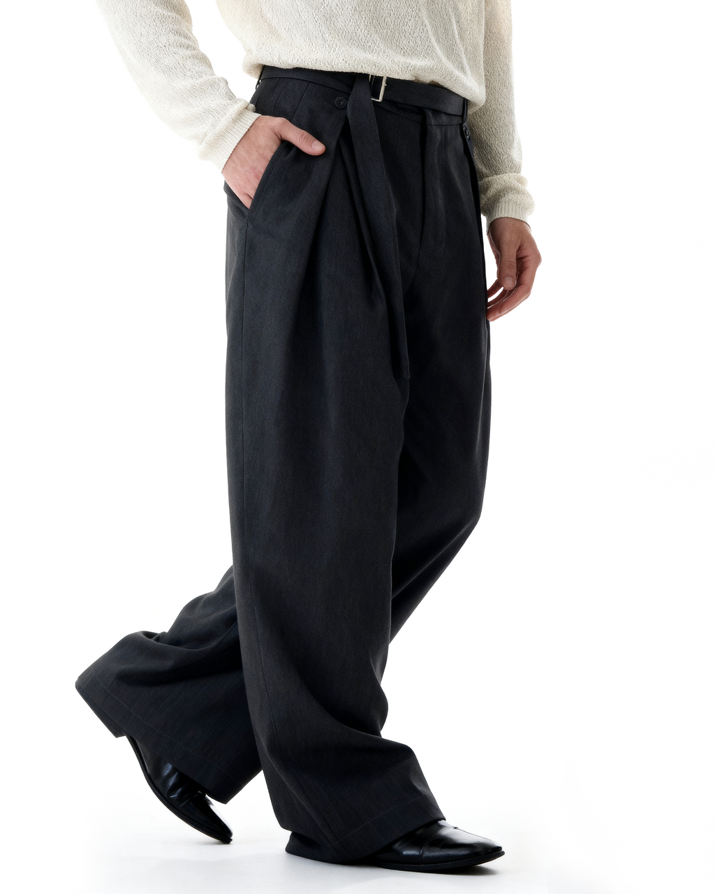 Wide-Leg Pleated Trousers With Wrap Waist Strap
