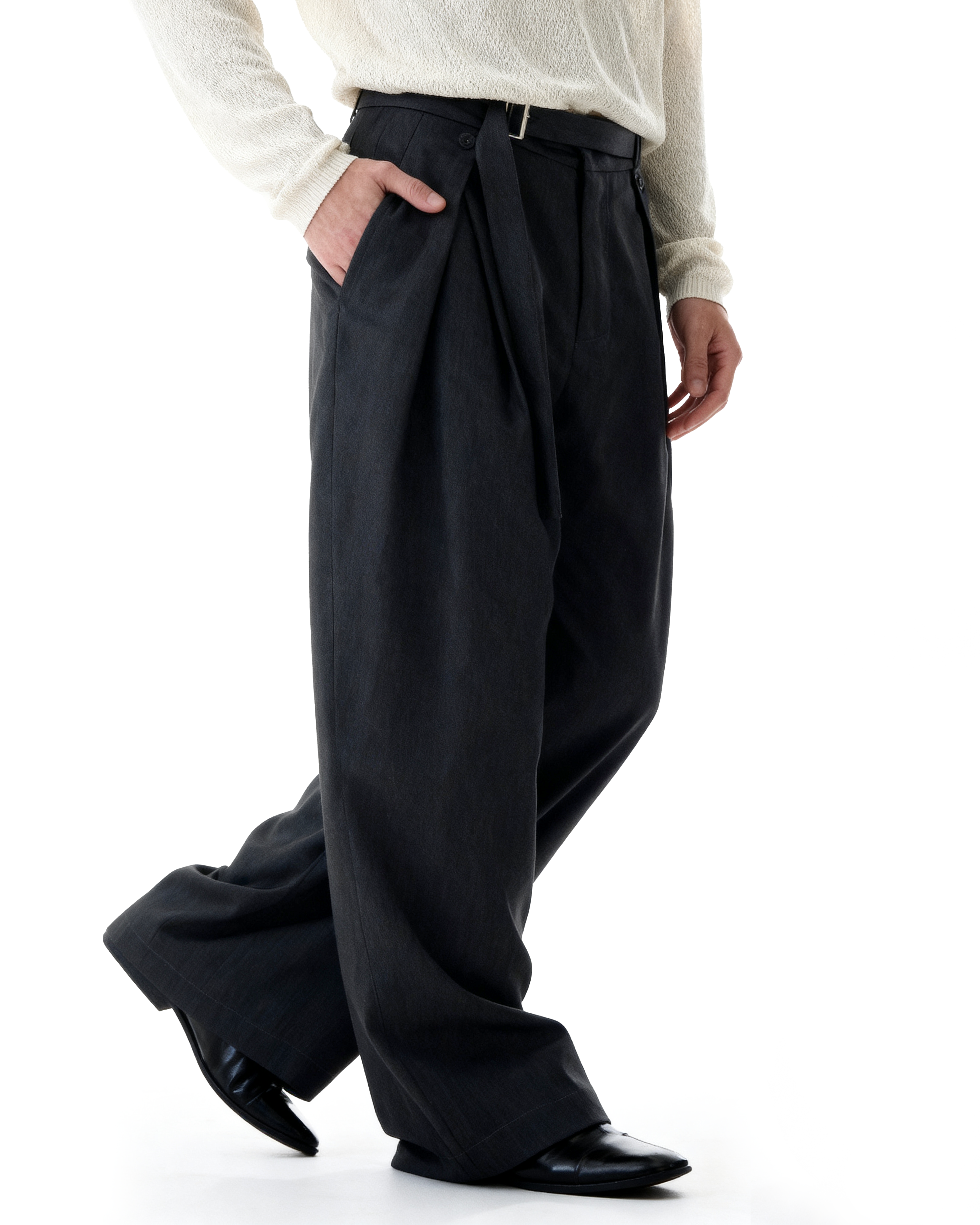 Wide-Leg Pleated Trousers With Wrap Waist Strap
