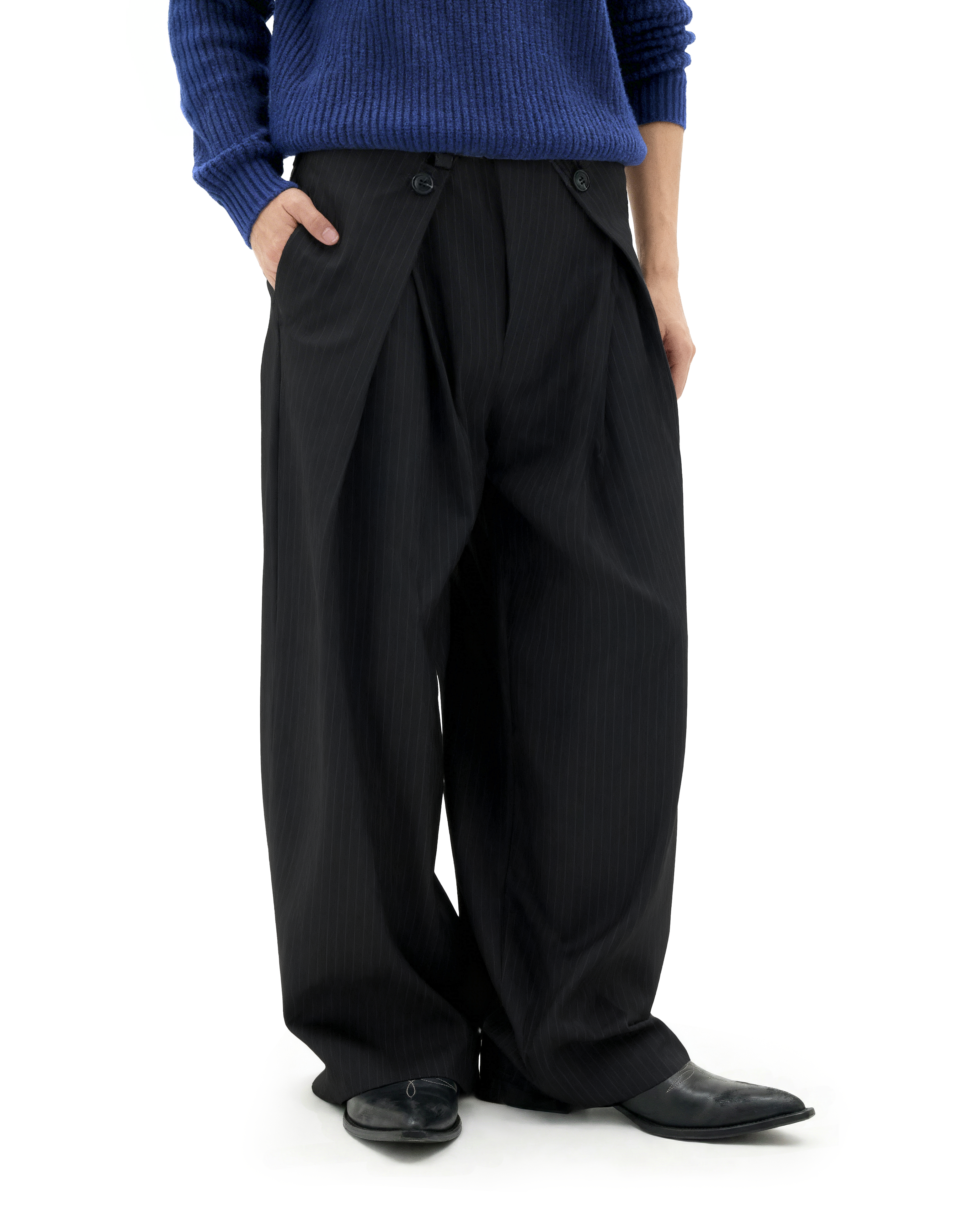Wide Leg Pinstripe Draped Double-Pleated Trousers