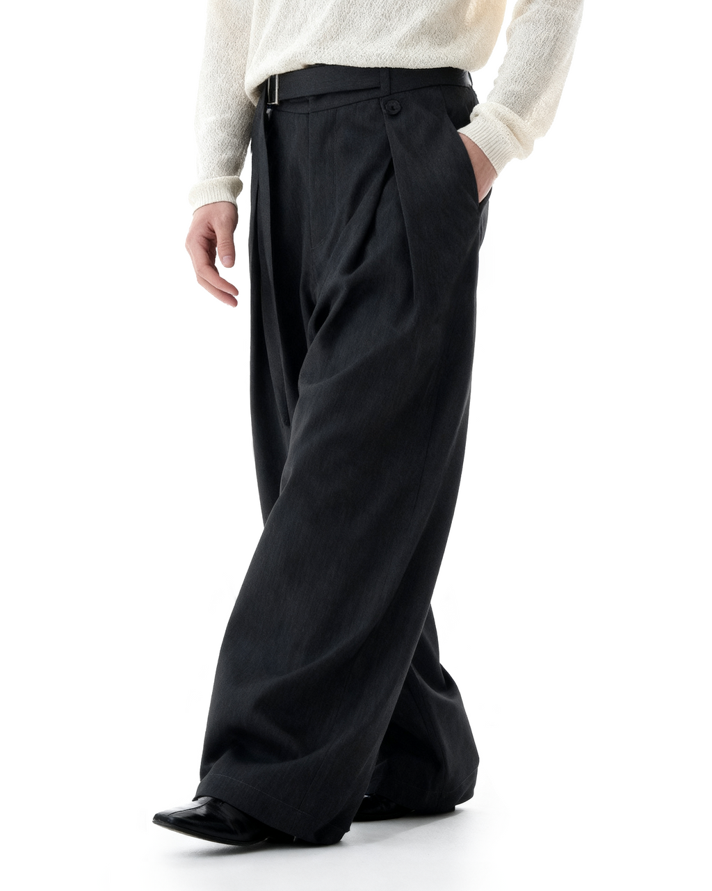 Wide-Leg Pleated Trousers With Wrap Waist Strap