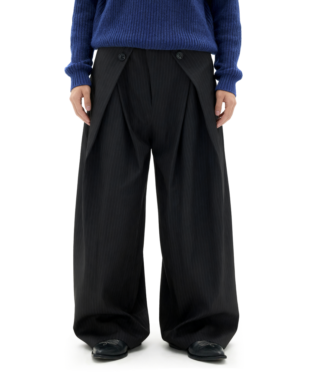 Wide Leg Pinstripe Draped Double-Pleated Trousers