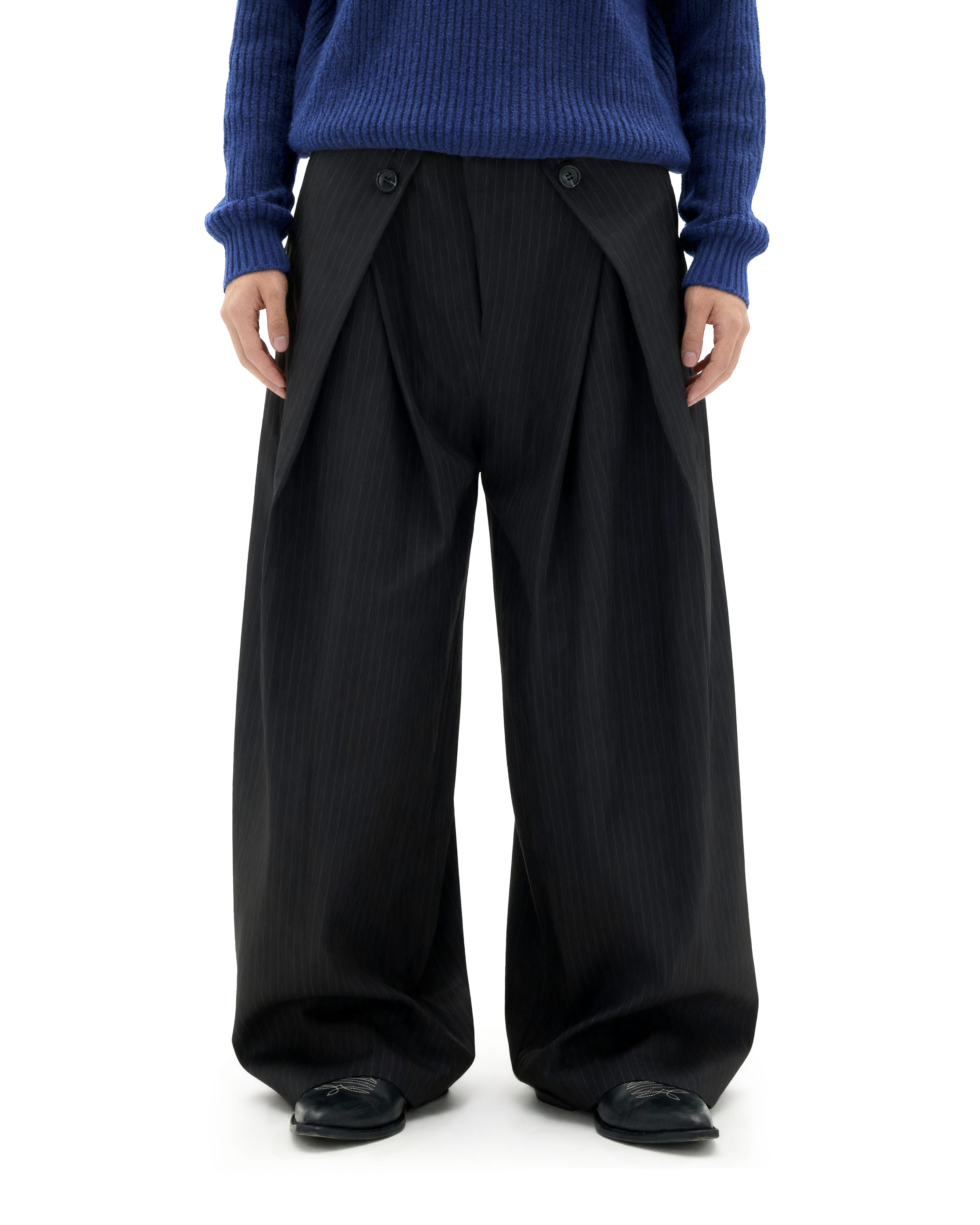 Wide Leg Pinstripe Draped Double-Pleated Trousers