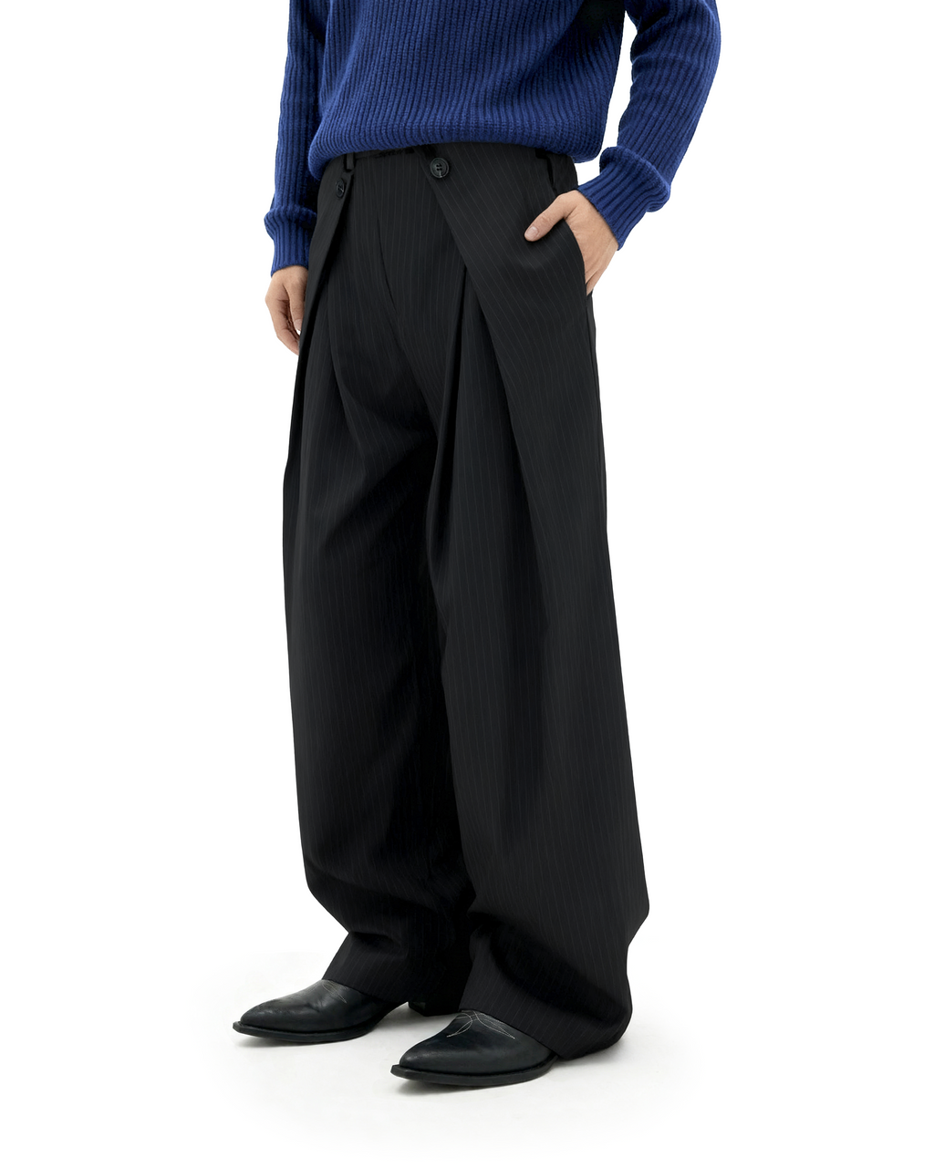 Wide Leg Pinstripe Draped Double-Pleated Trousers