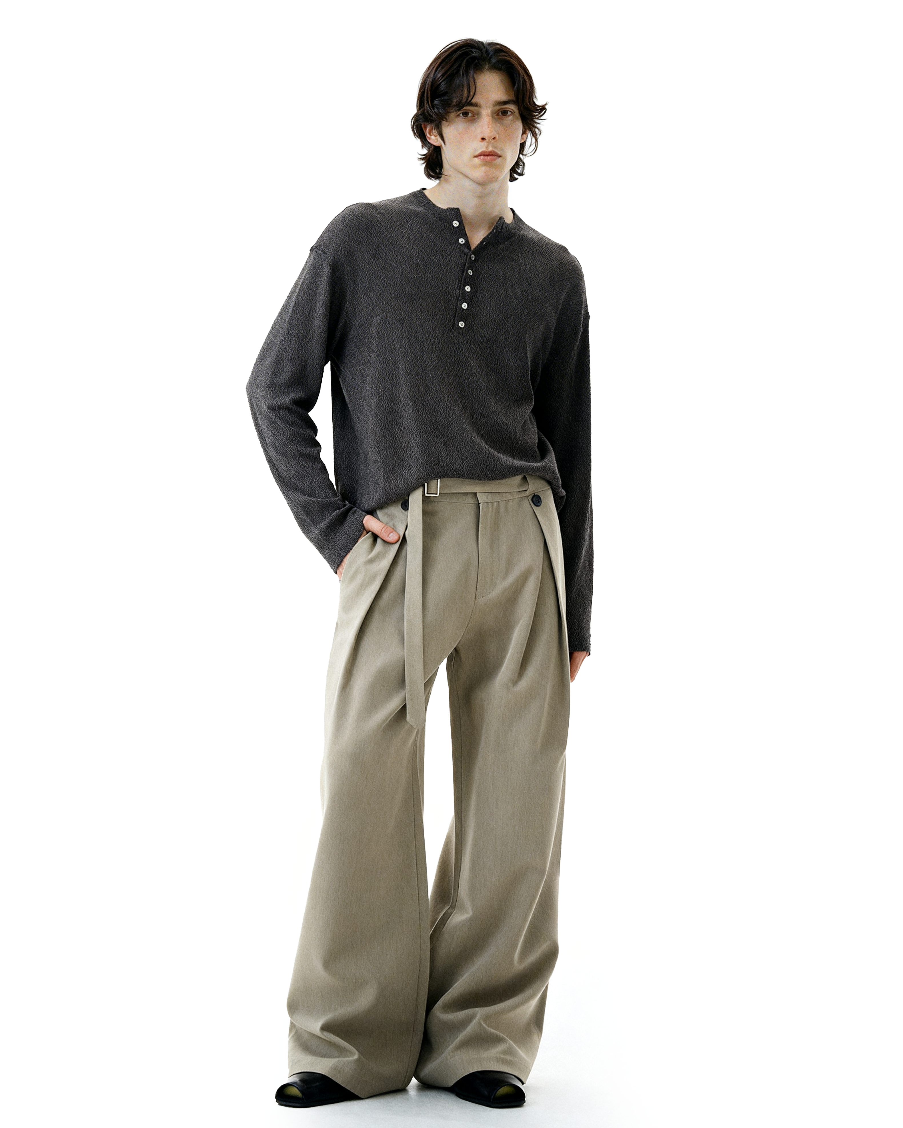 Wide-Leg Pleated Trousers With Wrap Waist Strap