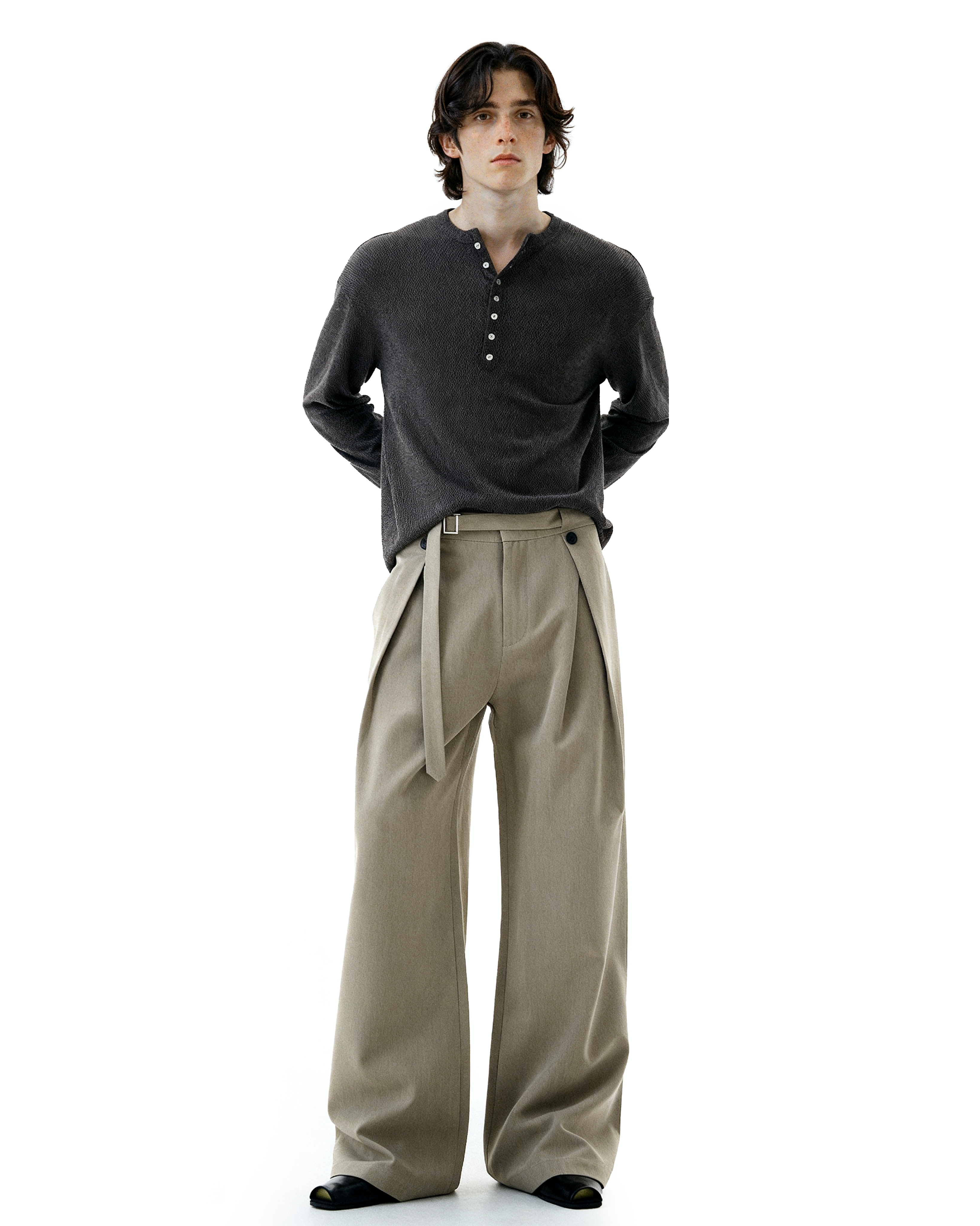 Wide-Leg Pleated Trousers With Wrap Waist Strap