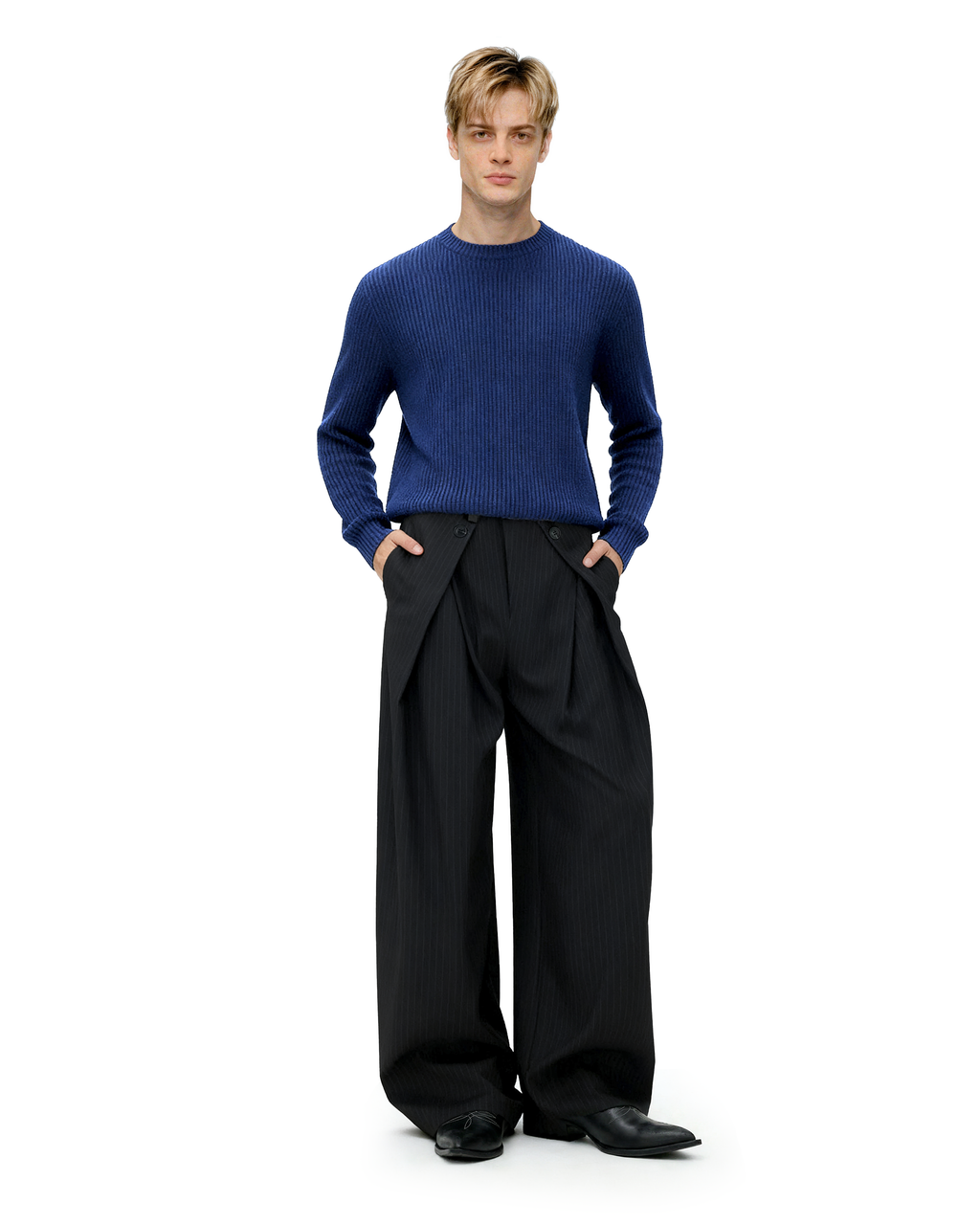 Wide Leg Pinstripe Draped Double-Pleated Trousers