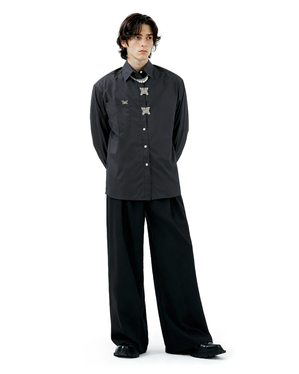 Oversized Shirt with Metallic Brooch Accents