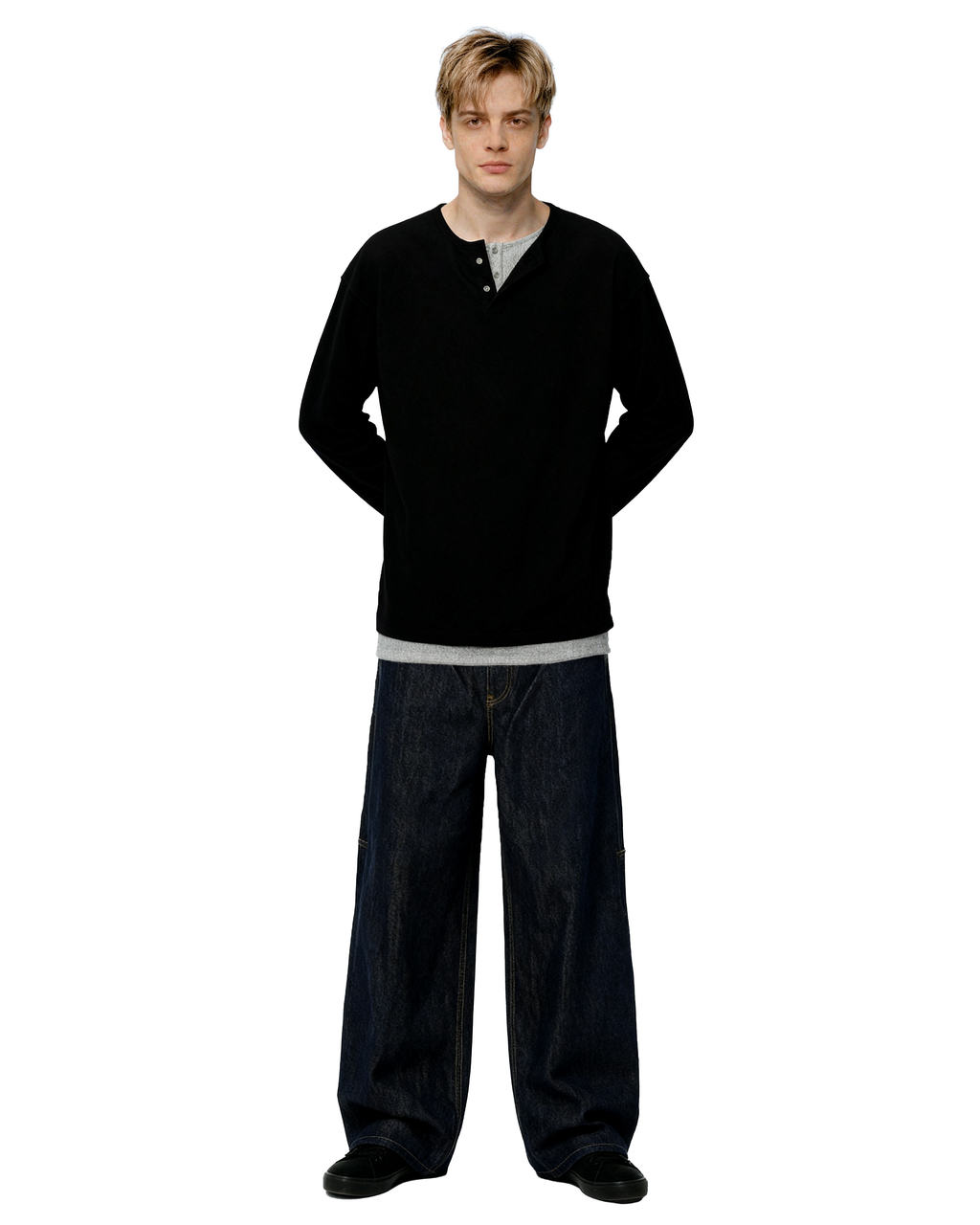 Oversized Mock-Layered Ribbed Knit Henley Top