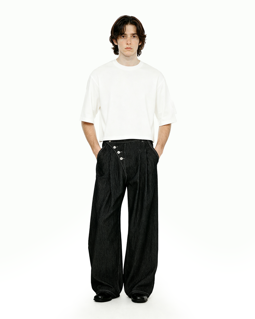 Pinstripe Pleated Wide Leg Asymmetric-Button Denim Jeans