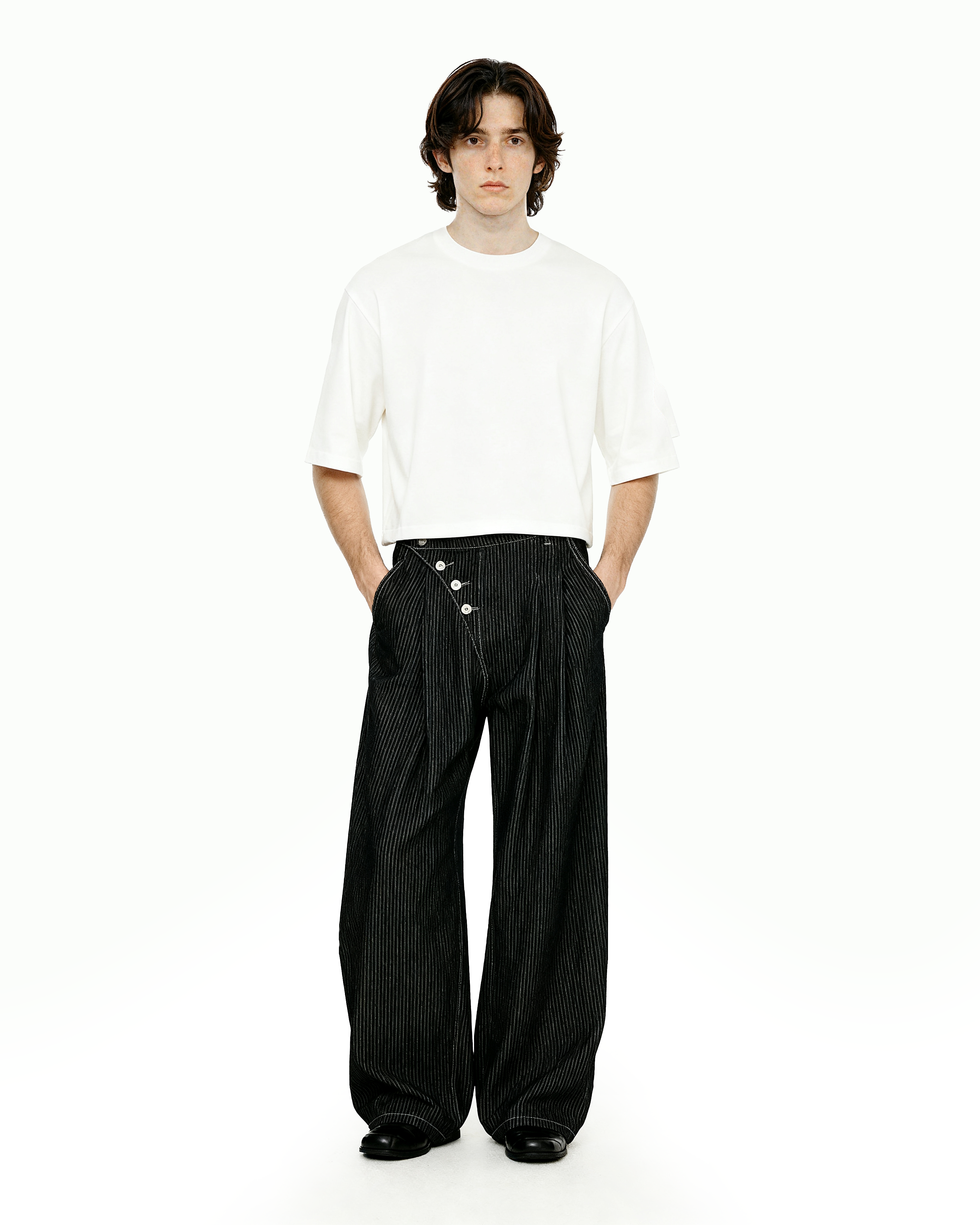 Pinstripe Pleated Wide Leg Asymmetric-Button Denim Jeans