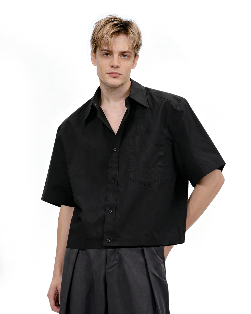 Oversized Short Sleeve Mid-Crop Shirt with Chest Pocket Detail