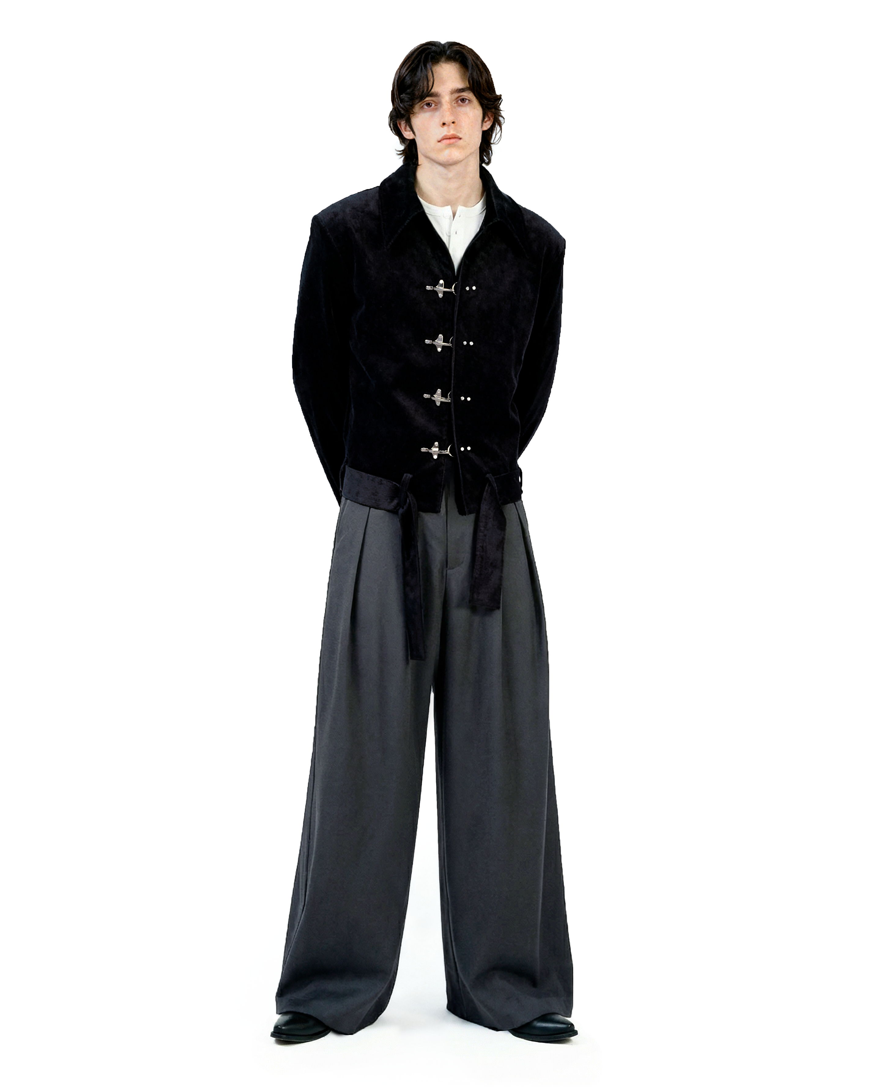 Fireman Clasp Mid-Crop Corduroy Jacket with Belted Waist