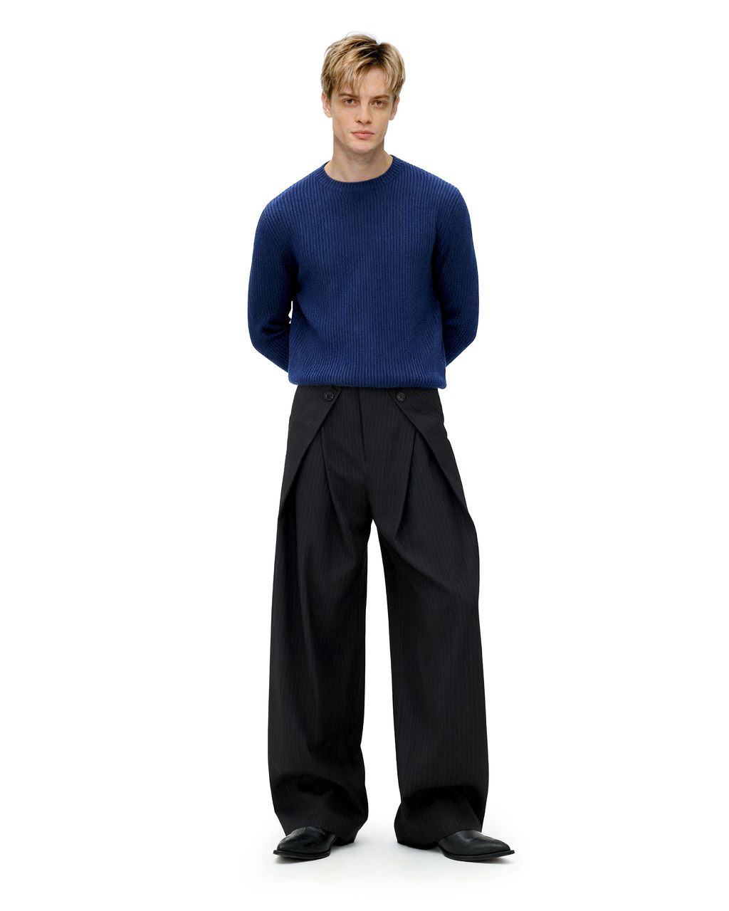 Wide Leg Pinstripe Draped Double-Pleated Trousers
