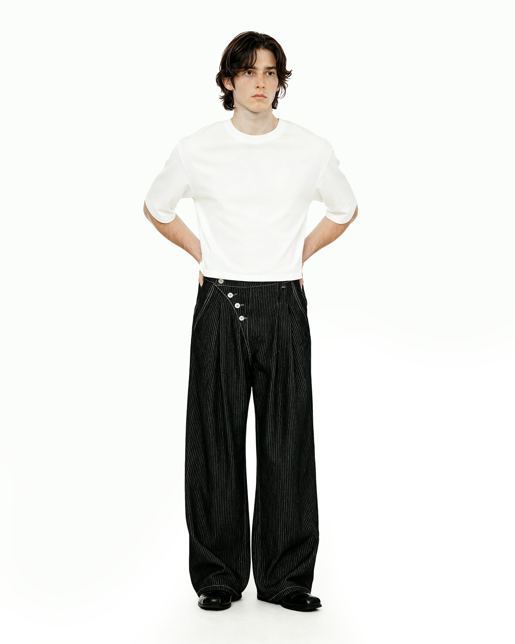 Pinstripe Pleated Wide Leg Asymmetric-Button Denim Jeans