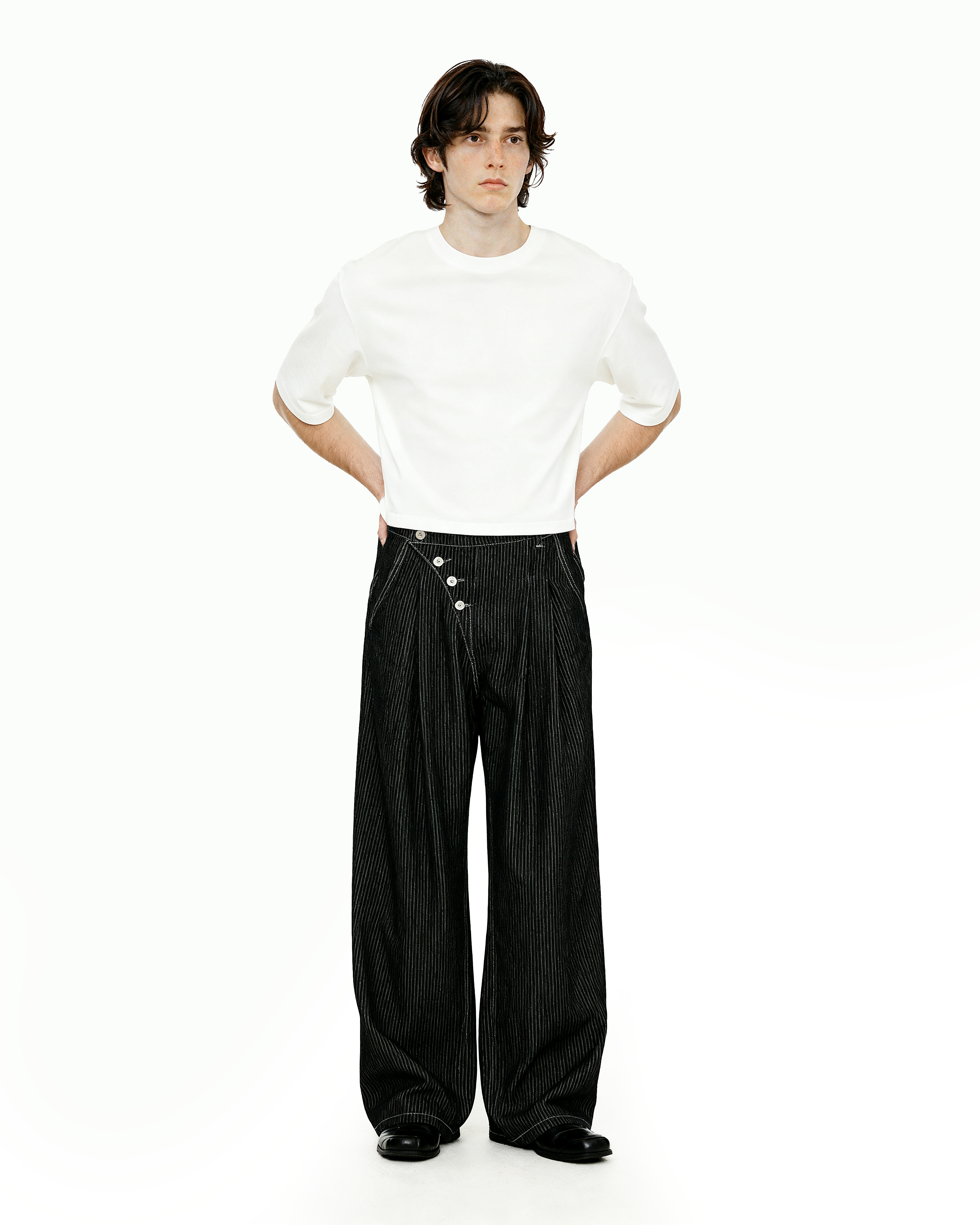 Pinstripe Pleated Wide Leg Asymmetric-Button Denim Jeans