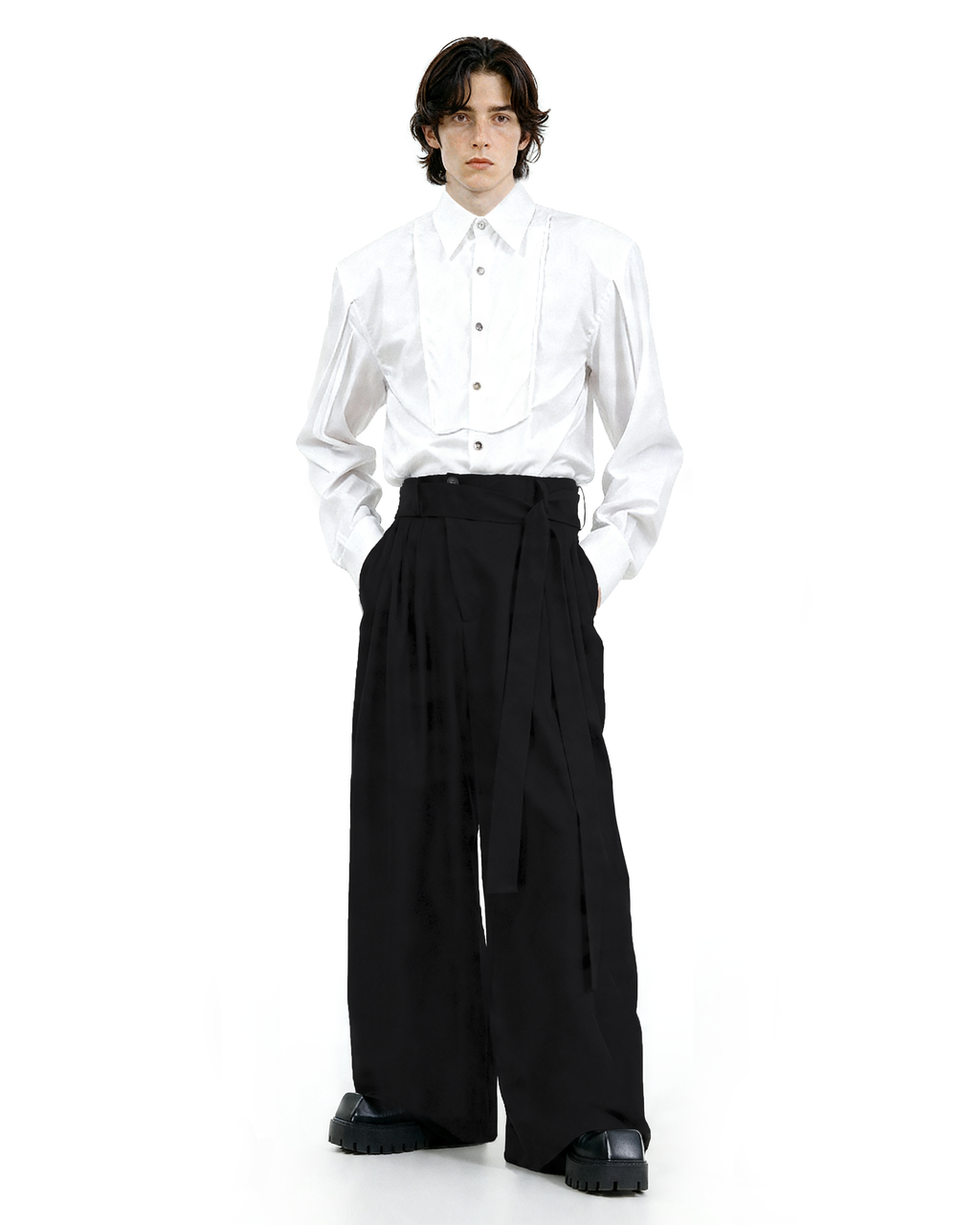 Wide Leg Belted Trousers with Pleat Detail