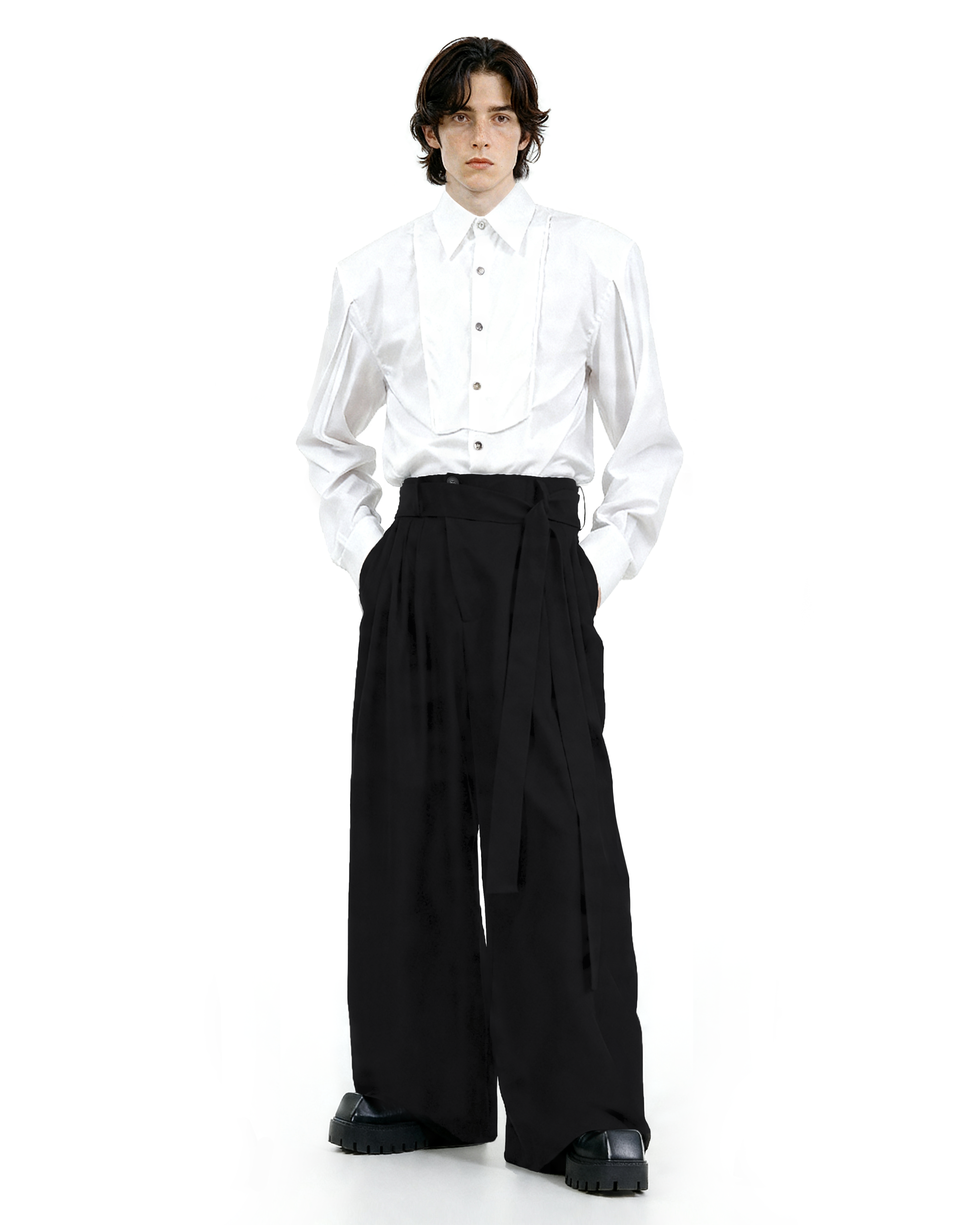 Wide Leg Belted Trousers with Pleat Detail