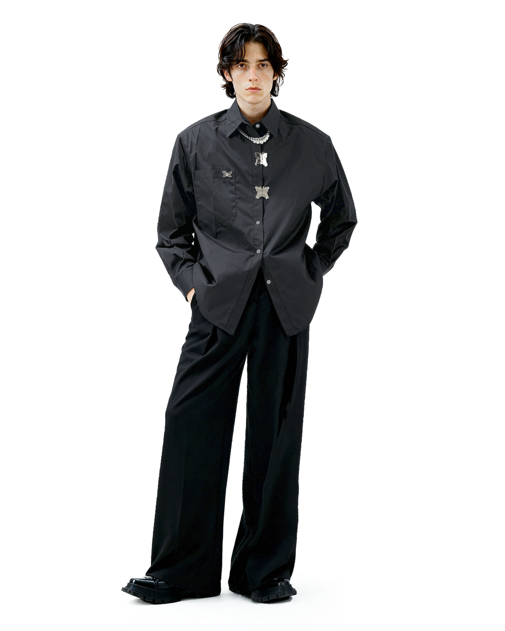 Oversized Shirt with Metallic Brooch Accents