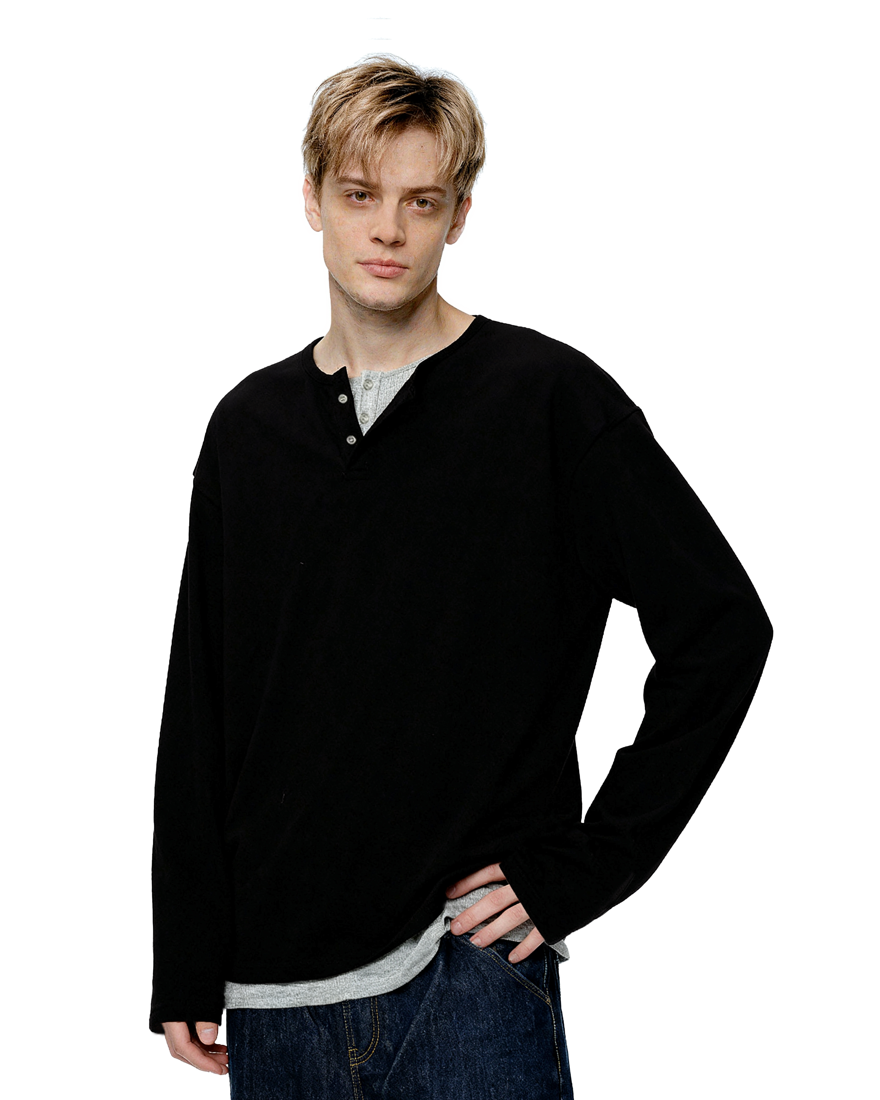 Oversized Mock-Layered Ribbed Knit Henley Top