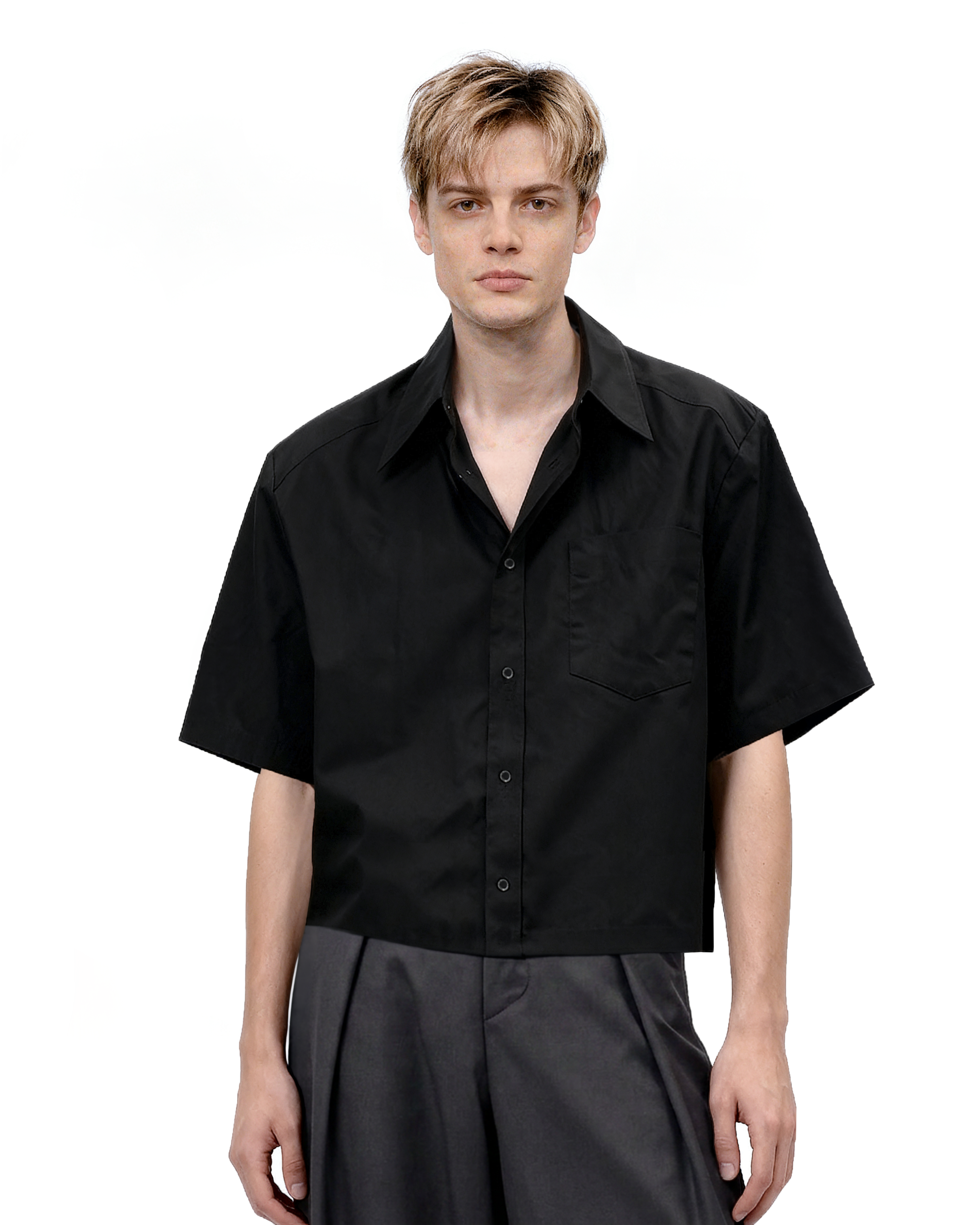 Oversized Short Sleeve Mid-Crop Shirt with Chest Pocket Detail