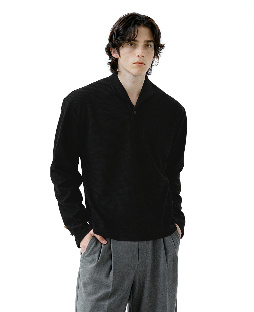 Waffle Knit Half-Button Long Sleeve Polo Top